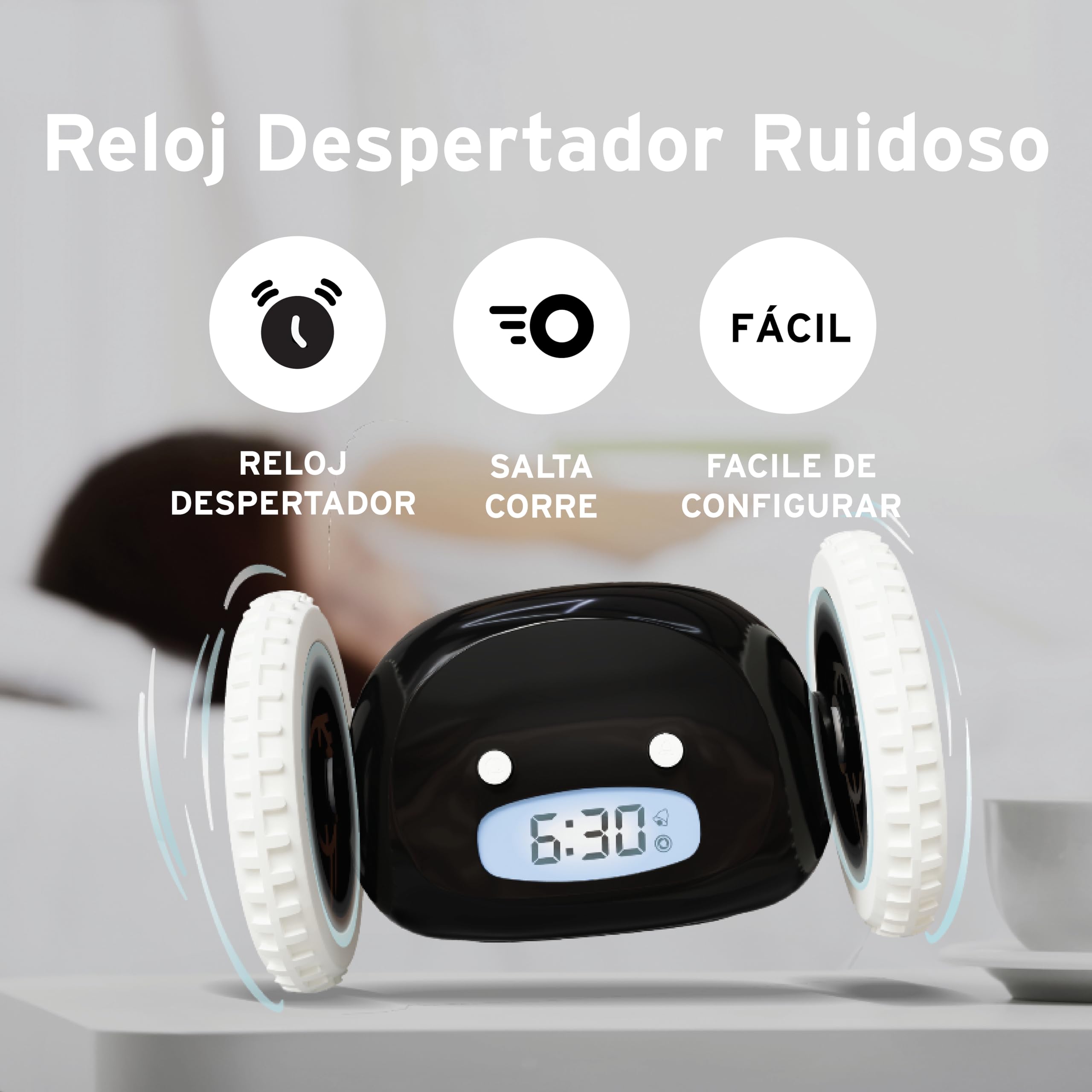 CLOCKY Reloj Despertador Potente Ruidoso Sonido Muy Fuerte para Dormilones Sordos Sueño Profundo Adultos Niños Dormitorio, Despertador Digital Inteligente con Ruedas Se Mueve, Regalo Divertido (Negro)
