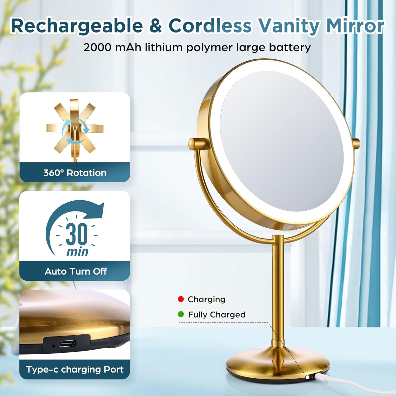 9" Rechargeable Gold Lighted Makeup Mirror with Magnification 20X/1X, Magnifying Mirror with Base Charging and Switch, Makeup Vanity Mirror with 3 Color Dimmable Lights for Dresser, Bathroom