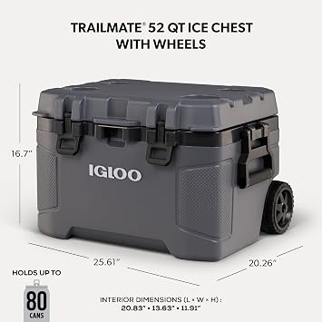 Igloo Trailmate 52Qt Wheeled Cooler, Insulated Hard Shell Ice Chest, Carbonite