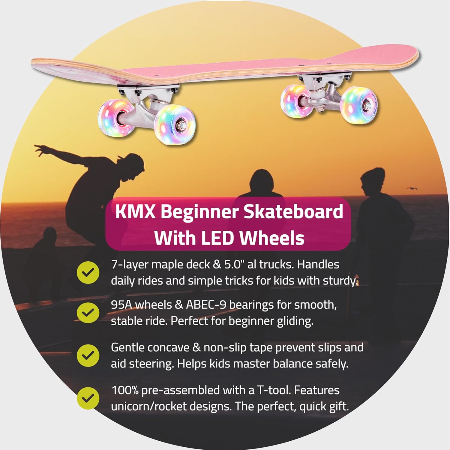 KMX Complete Skateboard for Beginners, 7-Layer Canadian Maple Double Kick Concave Deck| Aluminum Alloy Trucks | Beginner Skateboard for Boys, Girls, Kids, Teens, Adults