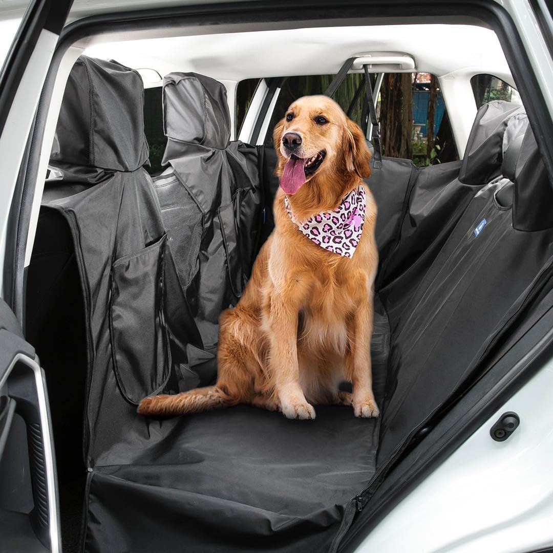 Happy Howls Dog Car Seat Cover - Waterproof Back Seat Cover for Dogs - Headrest & Door Panel Protector - 1100D Fabric with Mesh Window, Zippered Side Flaps, Non-Slip Bottom - 55x67, Universal Fit