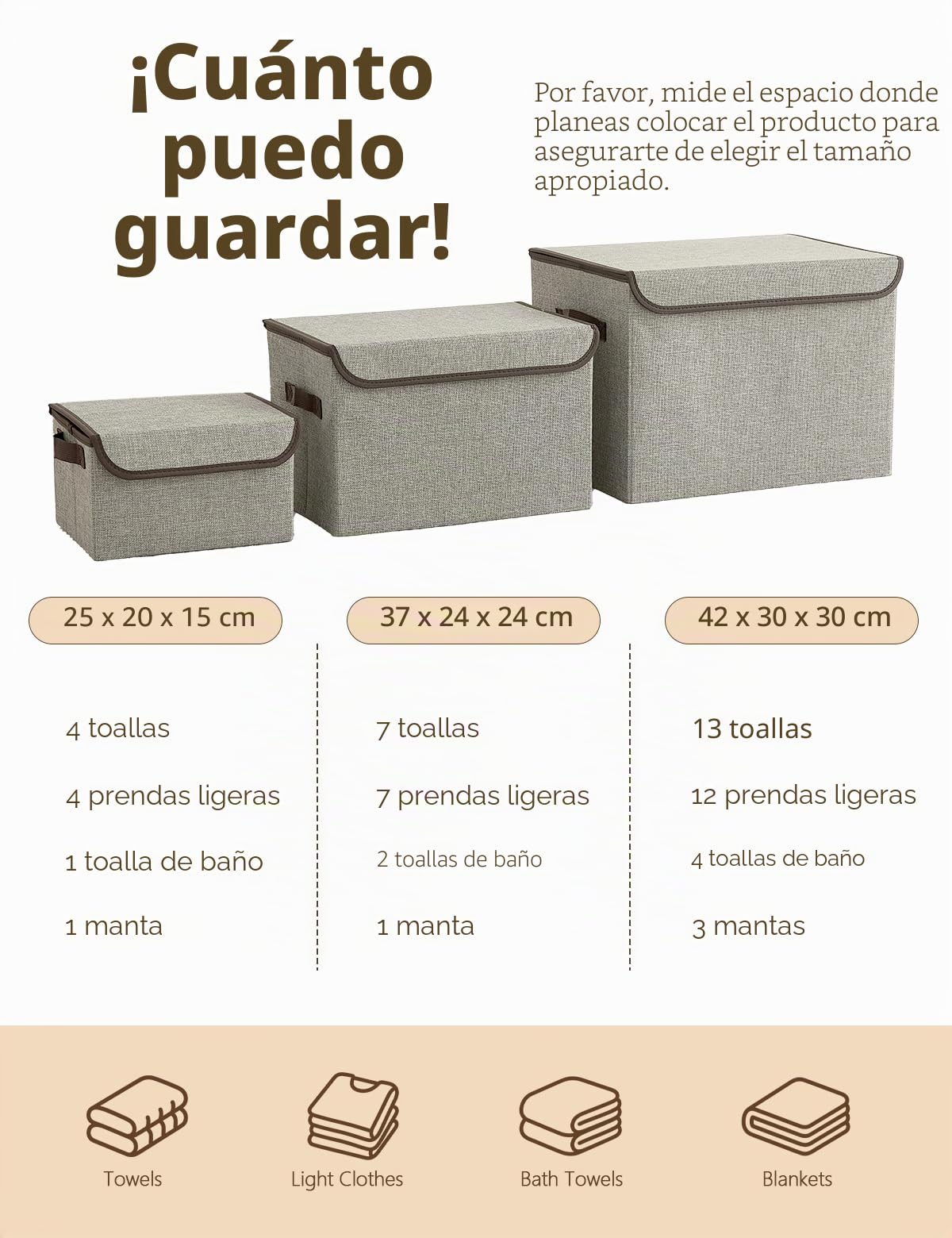 Bagnizer Cajas Almacenaje con Tapa, Set de 3 Plegable Cestas Organizadoras con Asas, Cajas Organizadoras Ropa para Libros, Mantas, Sábanas, Blanco y Beige, 25×20×15cm