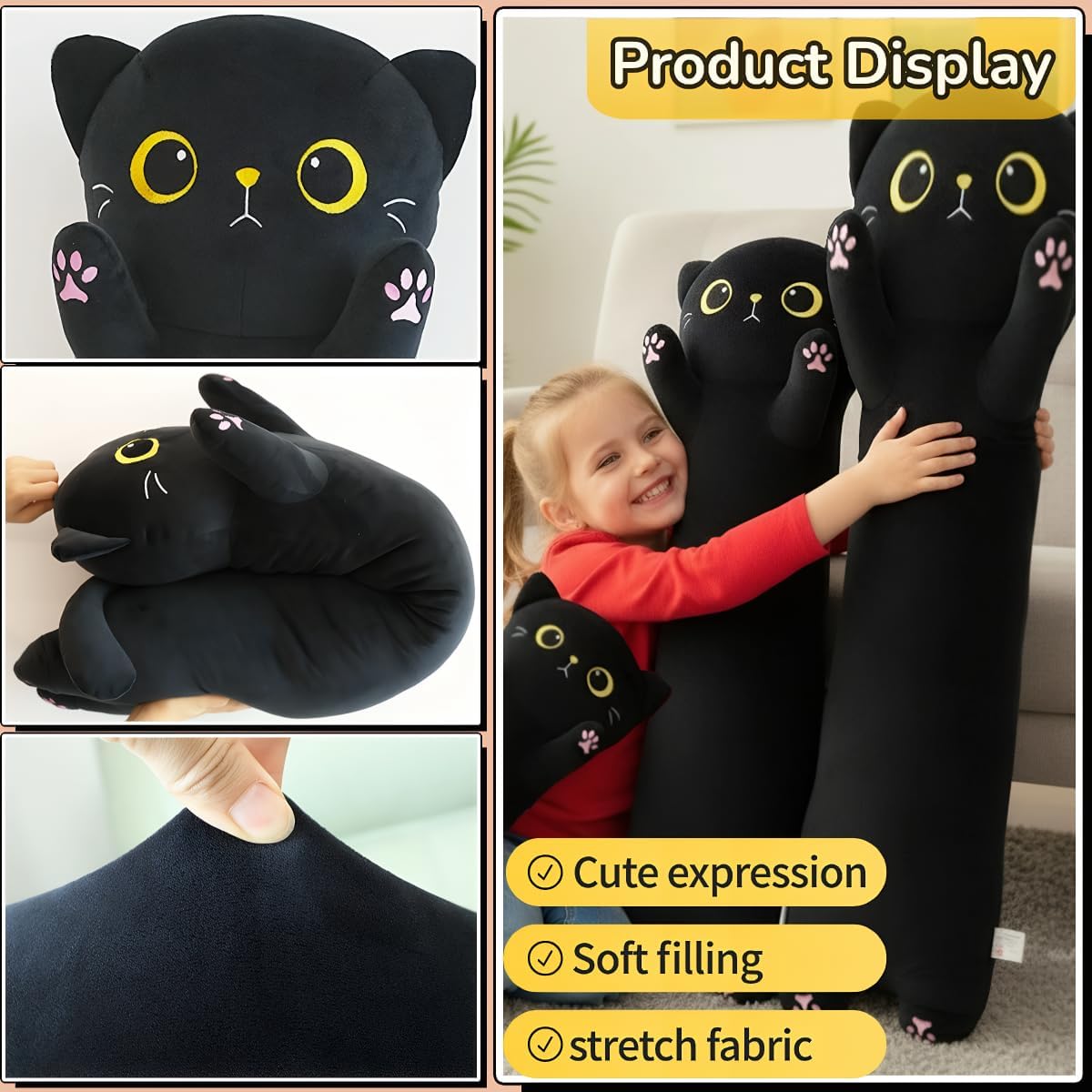Long Black Cat Plush Pillow, Soft Stuffed Animal Body Pillow, Big Cat Plushie Birthday Gift for Boys Girls (60cm/23.62inch) - Image 3