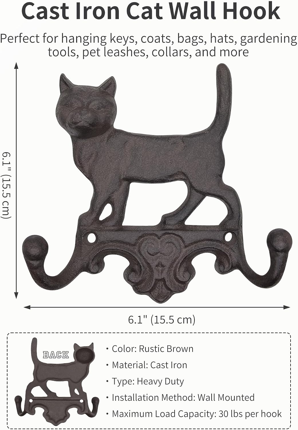 Cast Iron Cat Wall Hooks for Hanging, Decorative Heavy Duty Coat Hooks Wall Mount Key Hanger Leash Holder Vintage Farmhouse Entryway Mudroom Cute Animal Decor Rustic Brown 2 Pack image 2