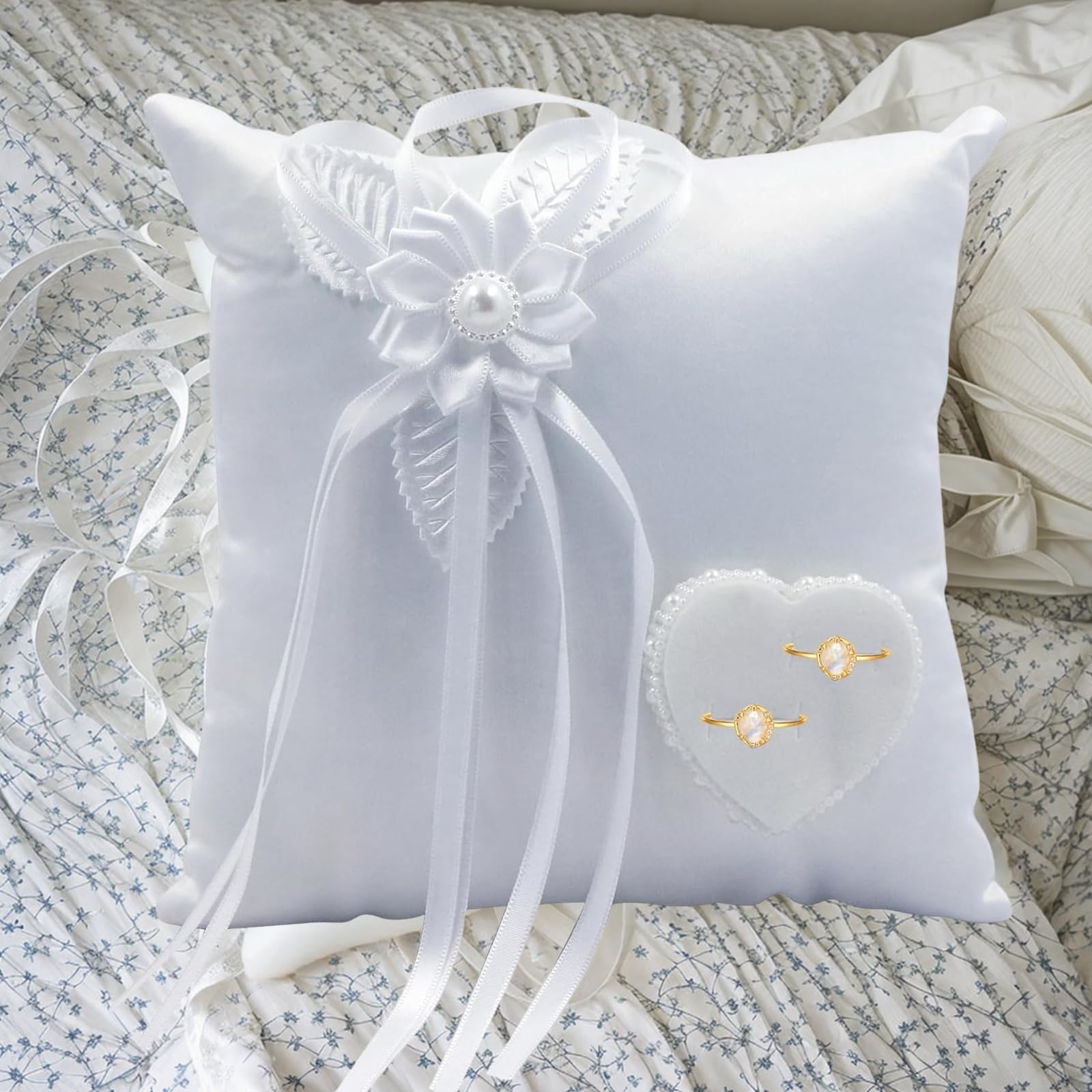Pomrone Coussin pour Bagues Mariage, Porteur Coussin Bague, Cœur Blanc Romantique, Lavable, Douce, 20cm × 20cm
