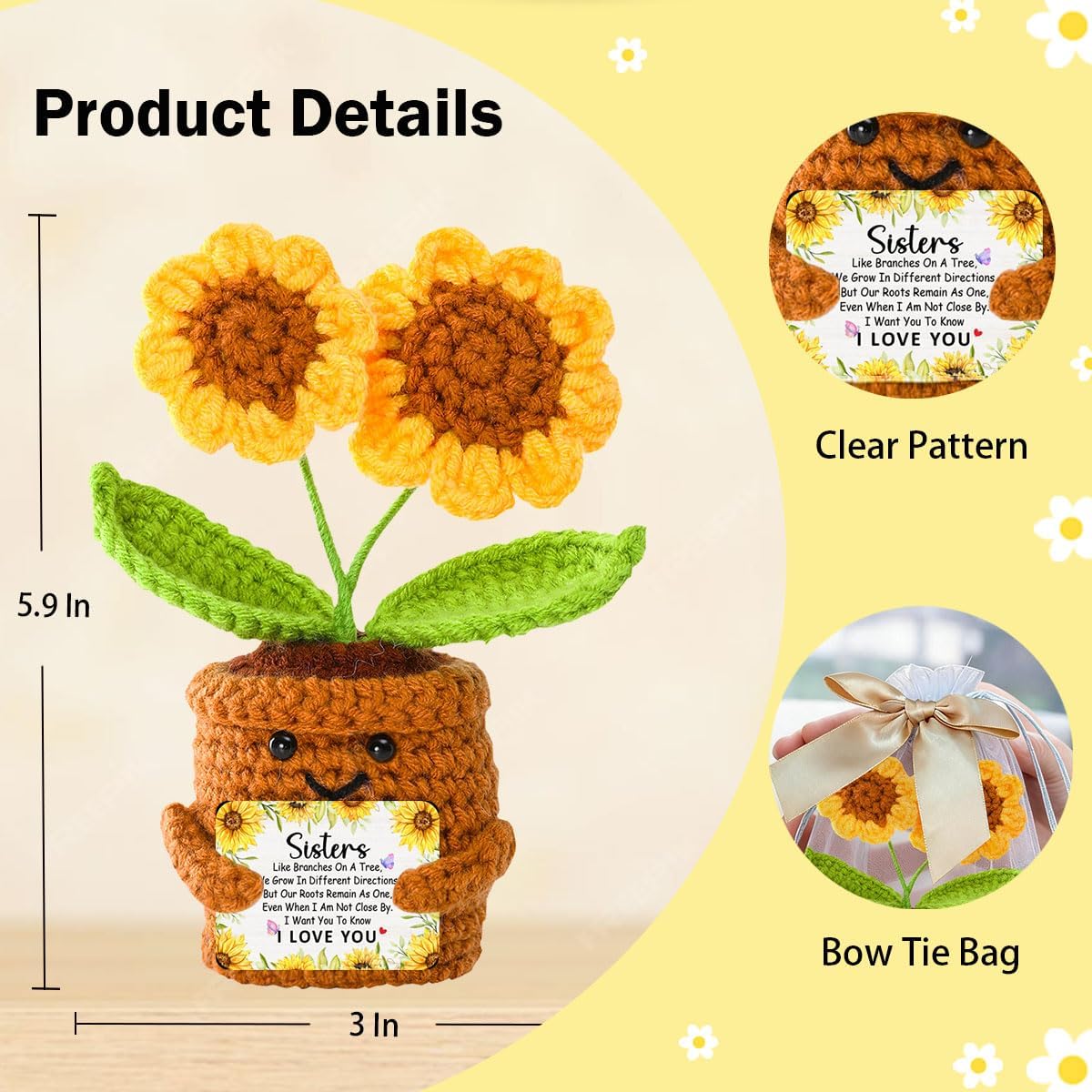 Crochet Sunflowers Gifts for Sister from Sisters,I Love You Emotional Support Sunflower Gifts Thank You Gift for Sister Birthday Christmas Graduation