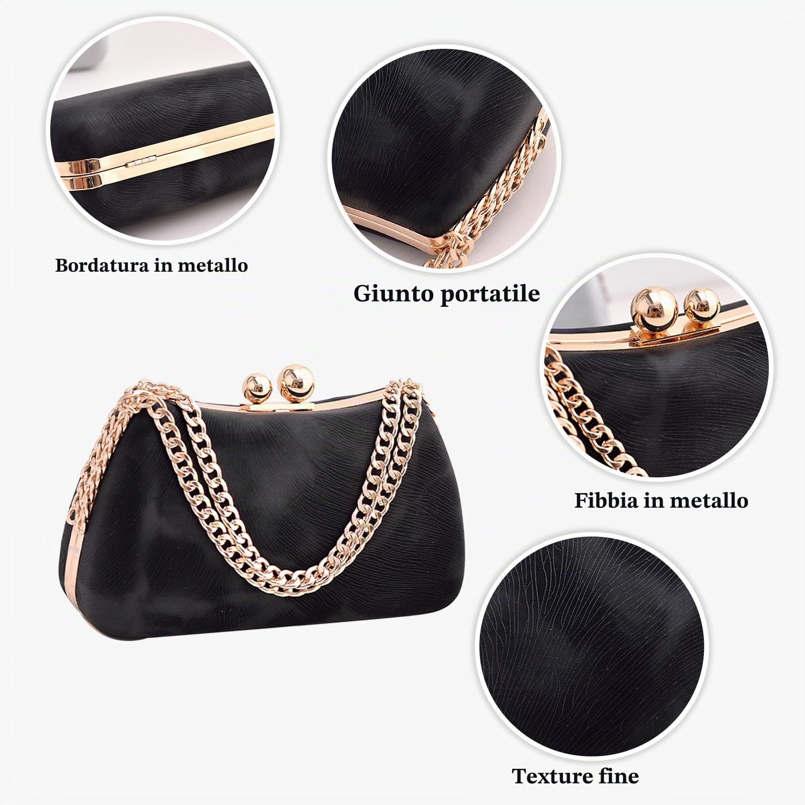 Borsetta da Sera da Donna Clutch in Marmo Pochette Piccolo con Catena Moda Borsa a Spalla Borsa Sposa Elegante Borsa a Tracolla Borse Messenger per Cocktail Ballo Cerimonia Festa Nero