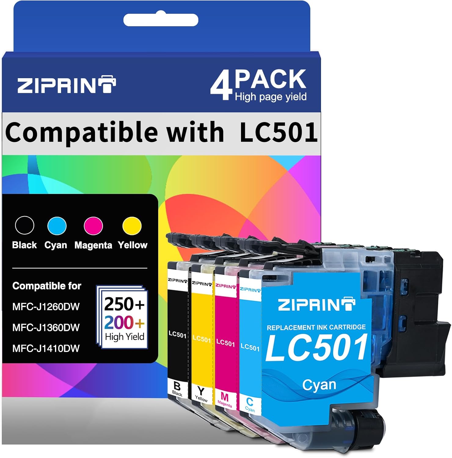 ZIPRINT LC501 Ink Cartridges Replacement for Brother LC501 LC 501 Ink Cartridges, Standard Yield LC501 Series Inks Compatible with Brother MFC-J1260DW MFC-J1360DW MFC-J1410DW (4 Pack)