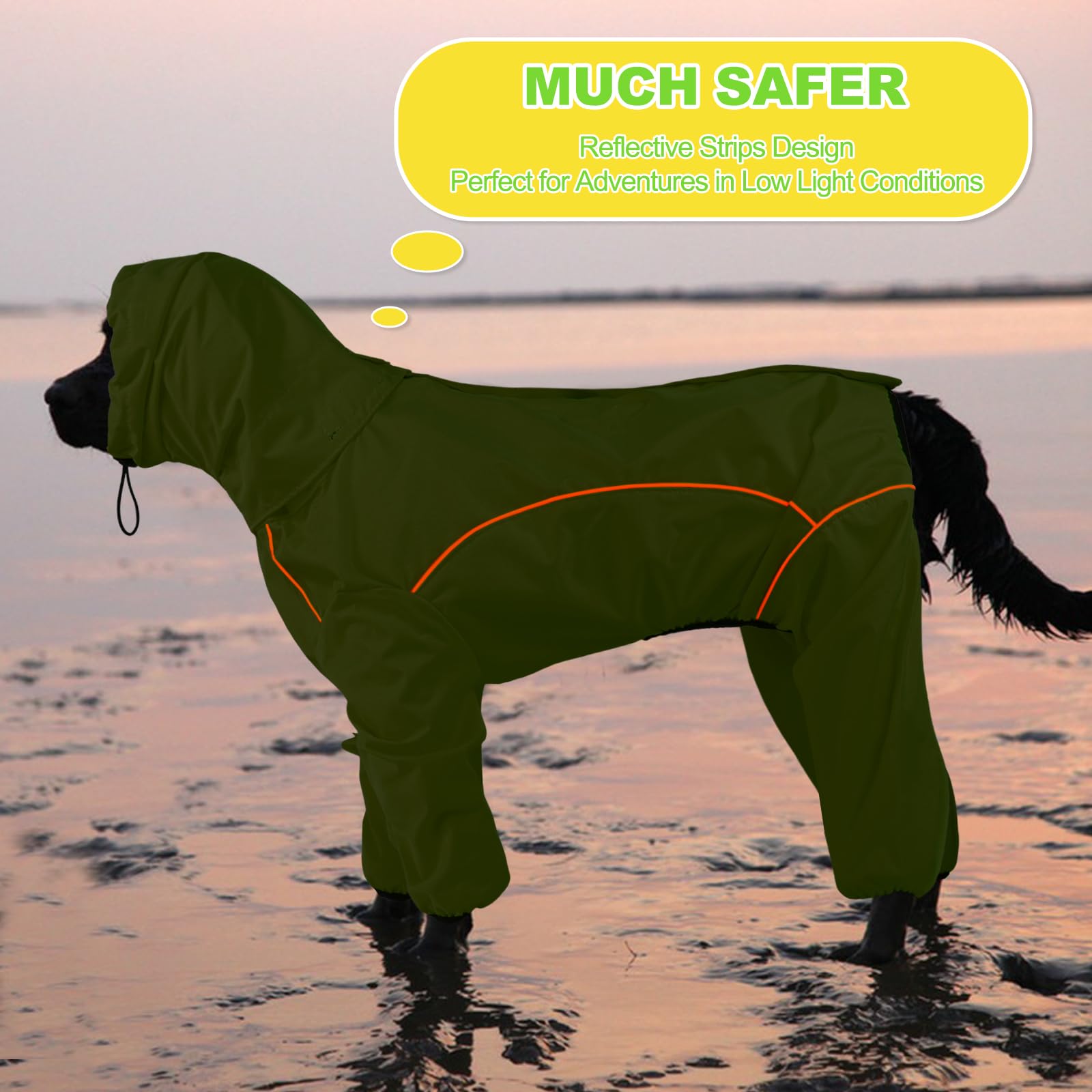 Impermeabile per cani, giacca impermeabile per cani con cappuccio rimovibile, poncho regolabile a 4 gambe con foro per guinzaglio, strisce riflettenti con cappuccio anti-neve, vestiti