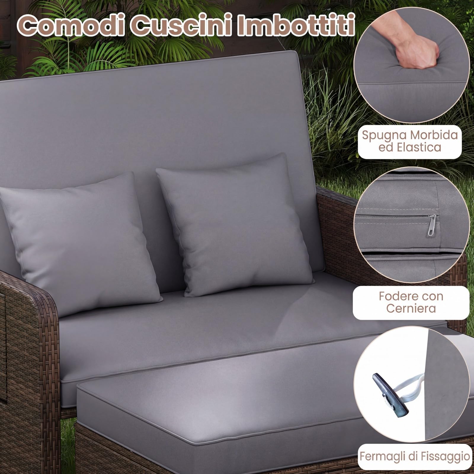 COSTWAY Lettino Prendisole da Giardino per 2 Persone, Divano con Panca Contenitore e Cuscino con Schienale Regolabile a 4 Livelli e Vassoi Laterali Estraibili per Balcone (Marrone screziato-Grigio)