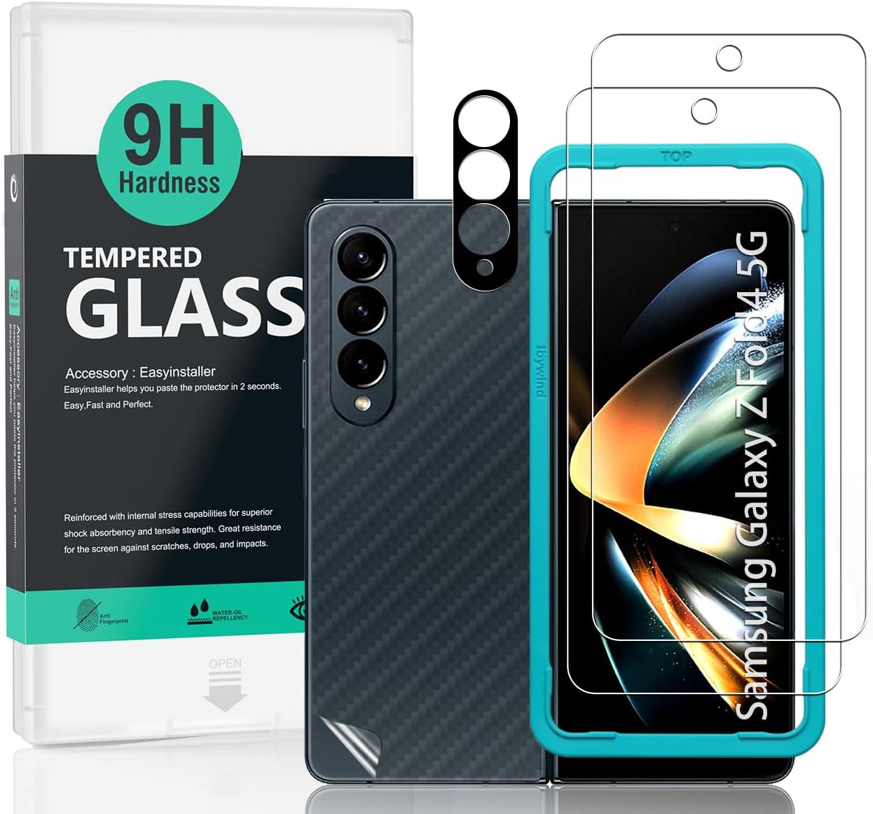 Ibywind Screen Protector For Samsung Galaxy Z Fold4 5G(6.2"),with 2Pcs Tempered Glass,1Pc Camera Len Protector,1Pc Backing Carbon Fiber Film[Fingerprint Reader,Easy to install,Case Friendly]