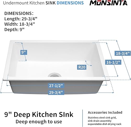 Miniatura 3 de MONSINTA Fregadero de cocina empotrado, fregadero de cocina blanco de 30 pulgadas, fregadero compuesto de granito, fregadero de cocina de un solo