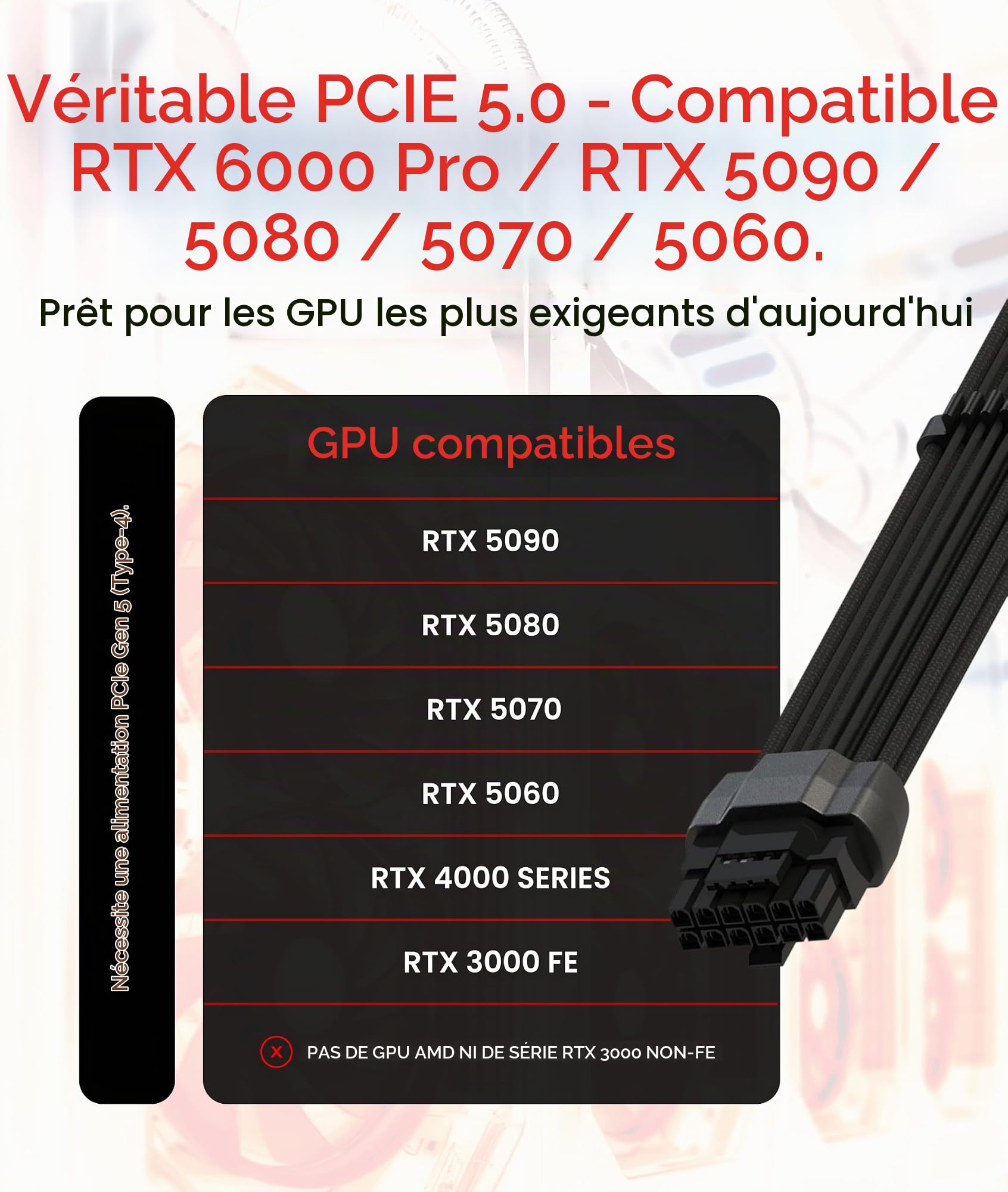 LINKUP - Câble d'alimentation haute puissance 600W PCIE 5.0 16 broches (12+4) AVA en angle gauche | Type moulé et soudé, 16AWG gainé | Compatible avec RTX5000 RTX4000 RTX3000 FE | 70 cm Noir