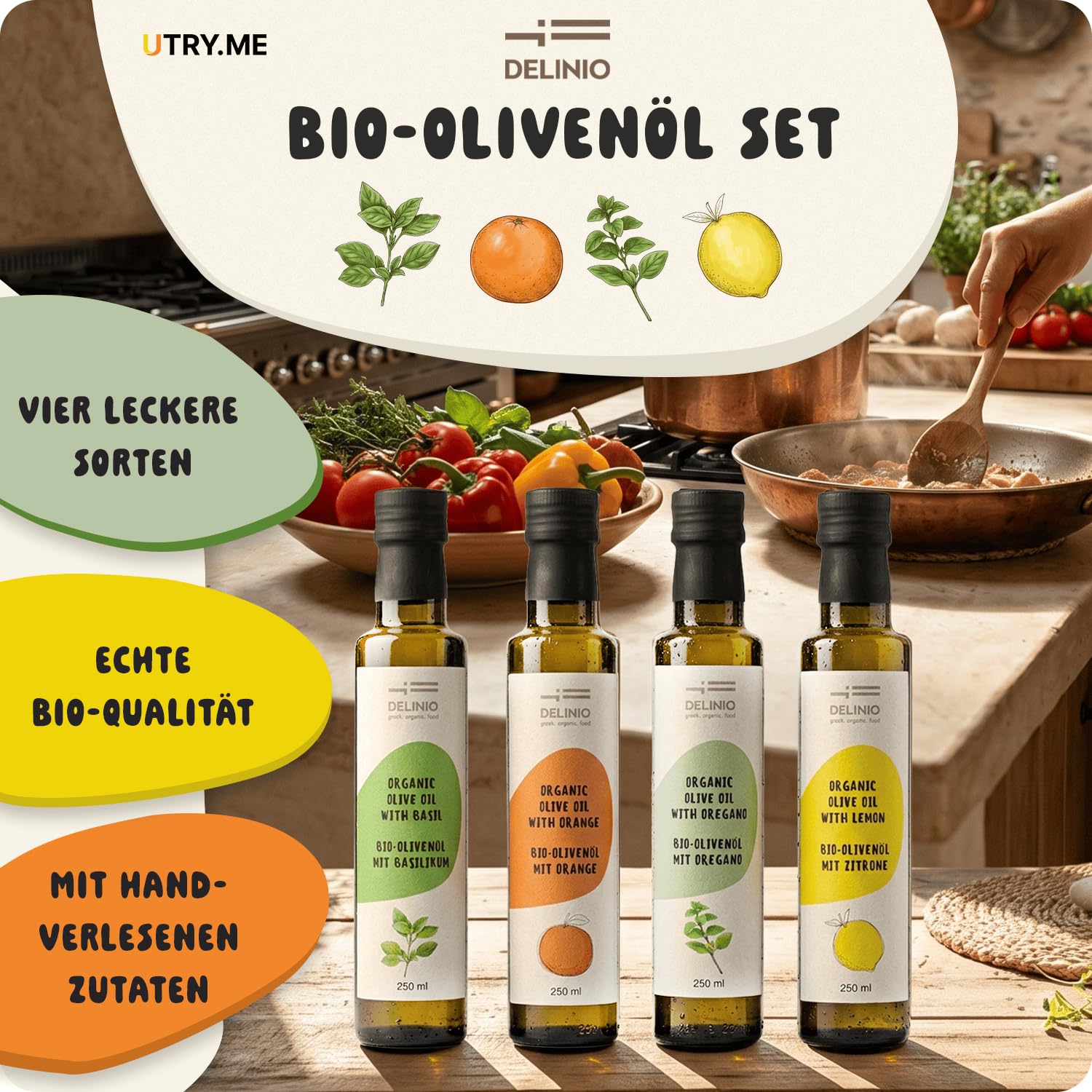 Utry.me Olivenöl kaltgepresst 4x250ml - extra nativ - Probierset griechisches Olivenöl verfeinert mit Basilikum, Zitrone, Orange & Oregano – mit Dosierkappe, inkl. UTRY.ME Gutschein