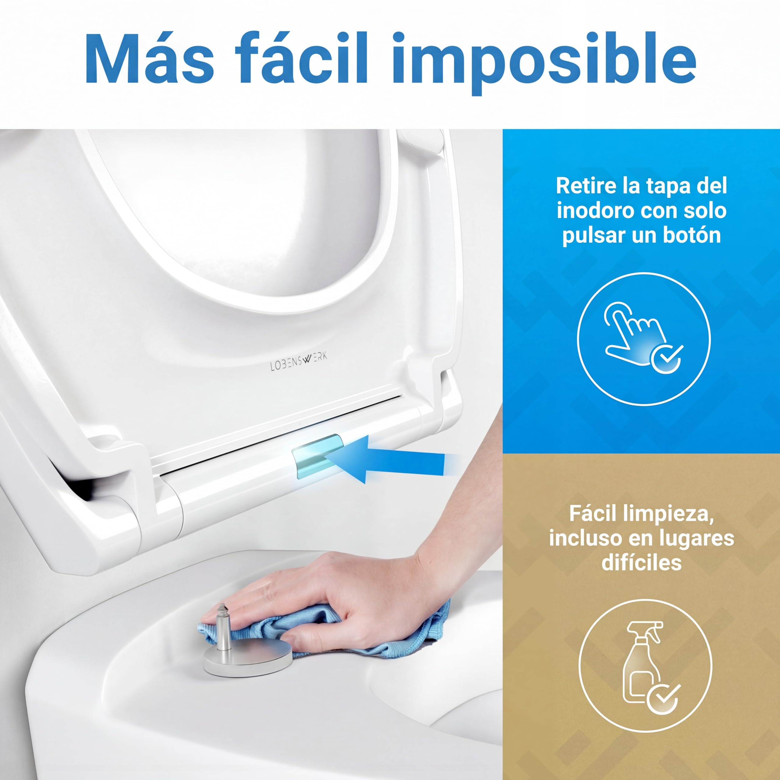 LOBENSWERK Tapa WC de water con Cierre Suave [Montaje Fácil] antibacteriana y resistente UV | Función Quick Release | Tapa de WC, Asiento Inodoro, tapa inodoro incl. plantilla de instalación