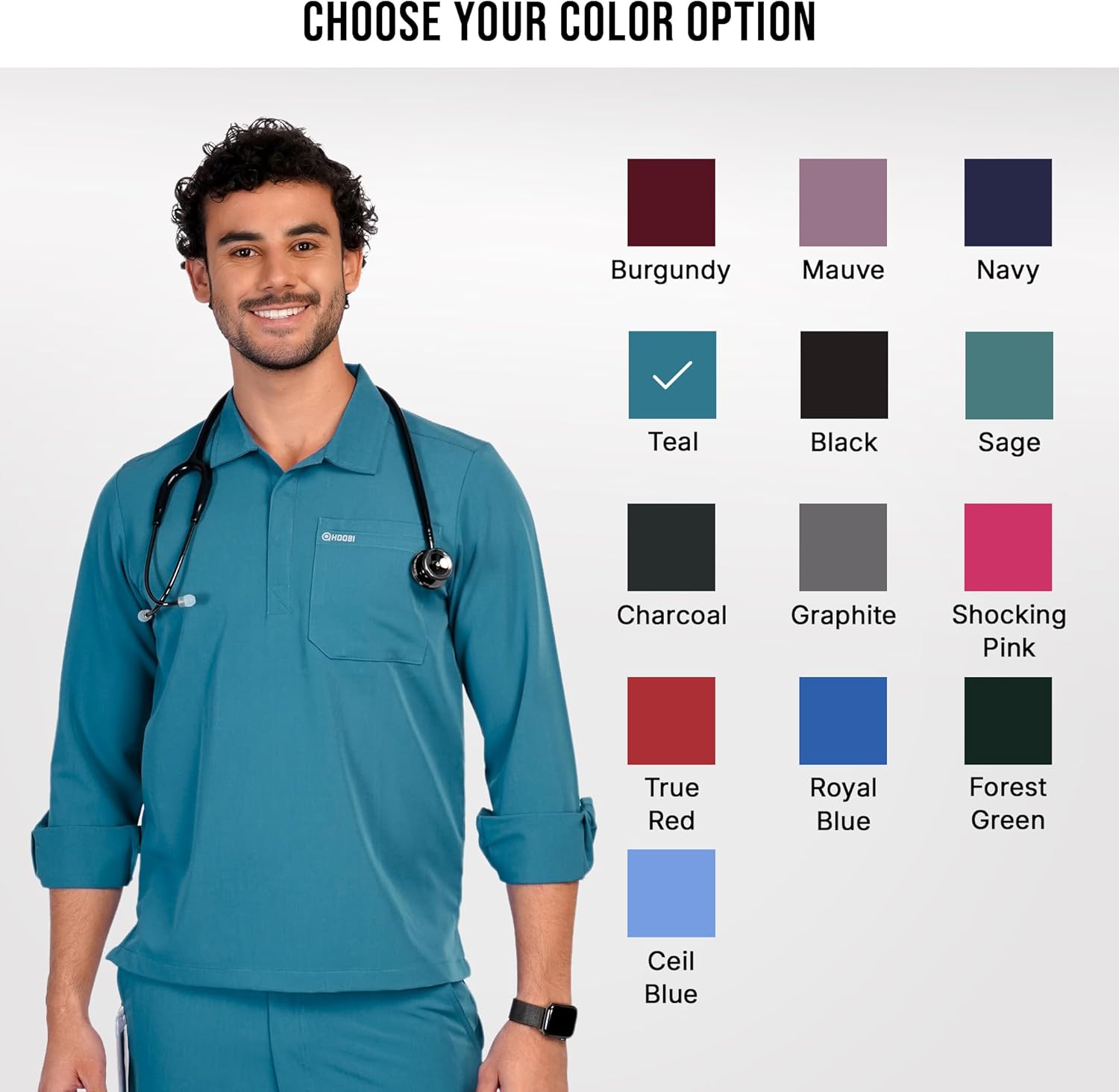 Rhys Scrub Top for Men, Anti-Wrinkle 4-Way Stretch, Moisture-Wicking Long Sleeve, 2 Pockets