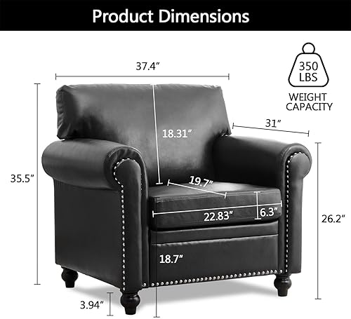 Miniatura 6 de Juego de sofás y sofá de 3 plazas de piel sintética negra con brazo enrollado de remaches, modernos sofás de mediados de siglo para sala de estar,