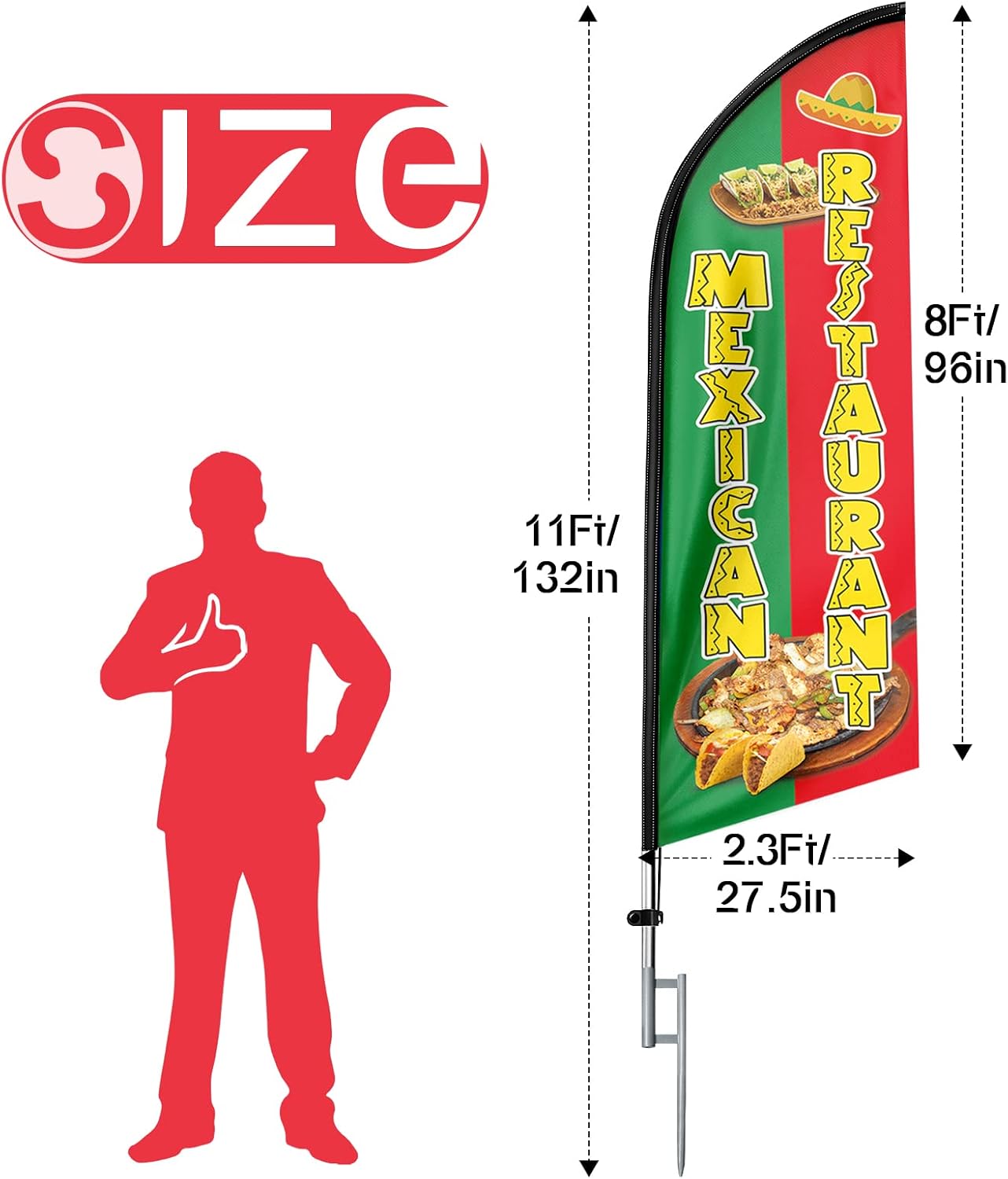 Mexican Restaurant Feather Flag with Pole and Ground Stake, 11FT Swooper Advertising Banner Sign for Mexican Food Stands, Restaurants Food Trucks