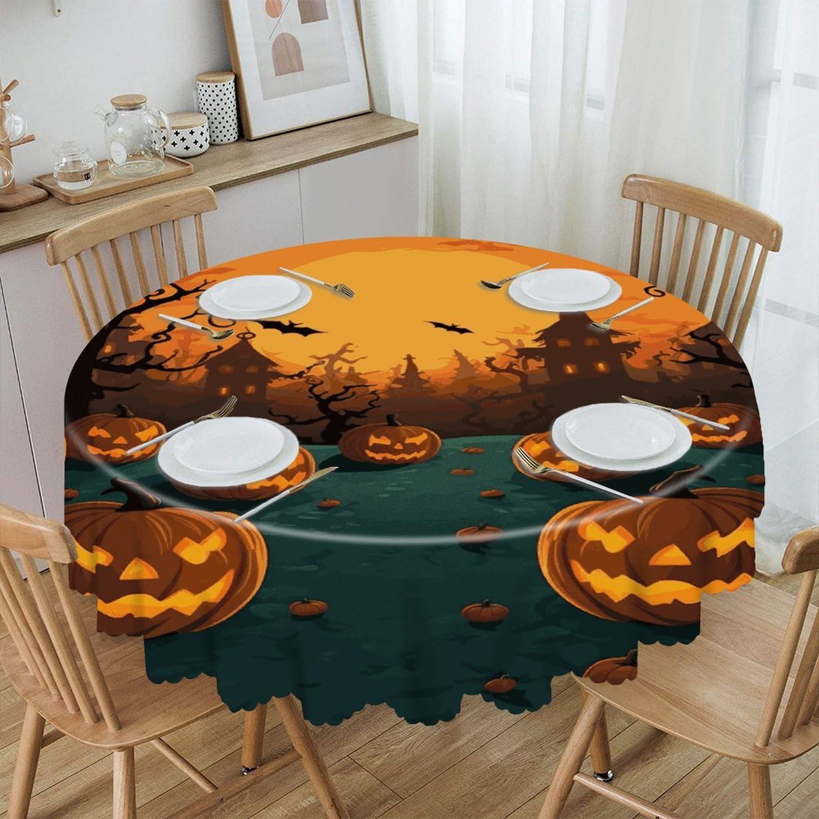 FekiLoot Halloween Orange Round Tablecloth 60 Inch Waterproof Heavy Duty Table Cloth Spillproof Washable Table Cover Wrinkle Resistant Tablecloths Decorative Table Cloths