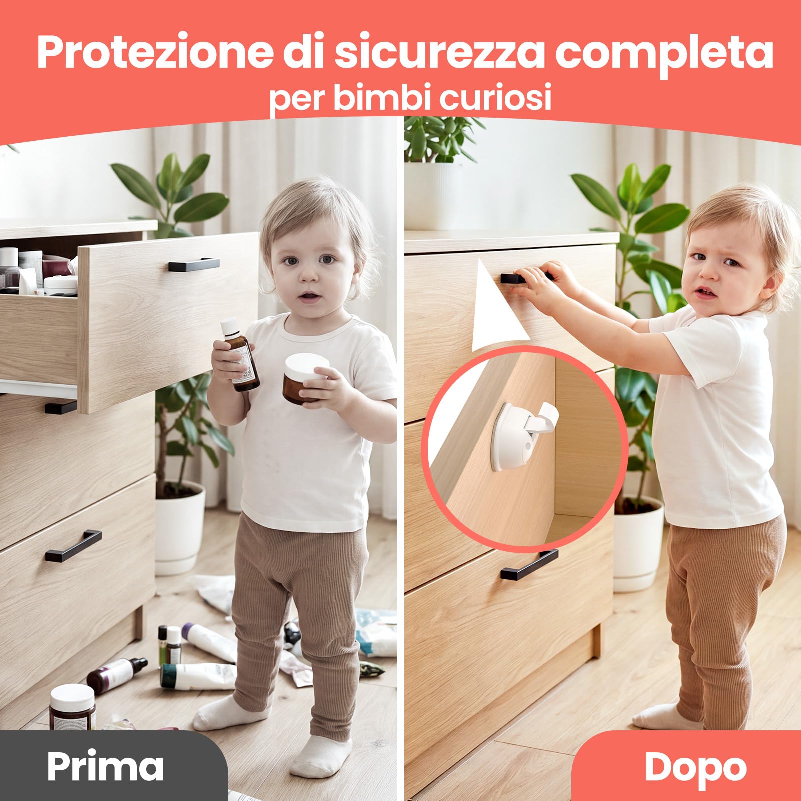 REDTRON Serrature magnetiche anti-bambino senza foratura, design invisibile, set 20 serrature e 4 chiavi, serrature sicurezza per armadi cucina, bagno, camera, soggiorno (bianco)
