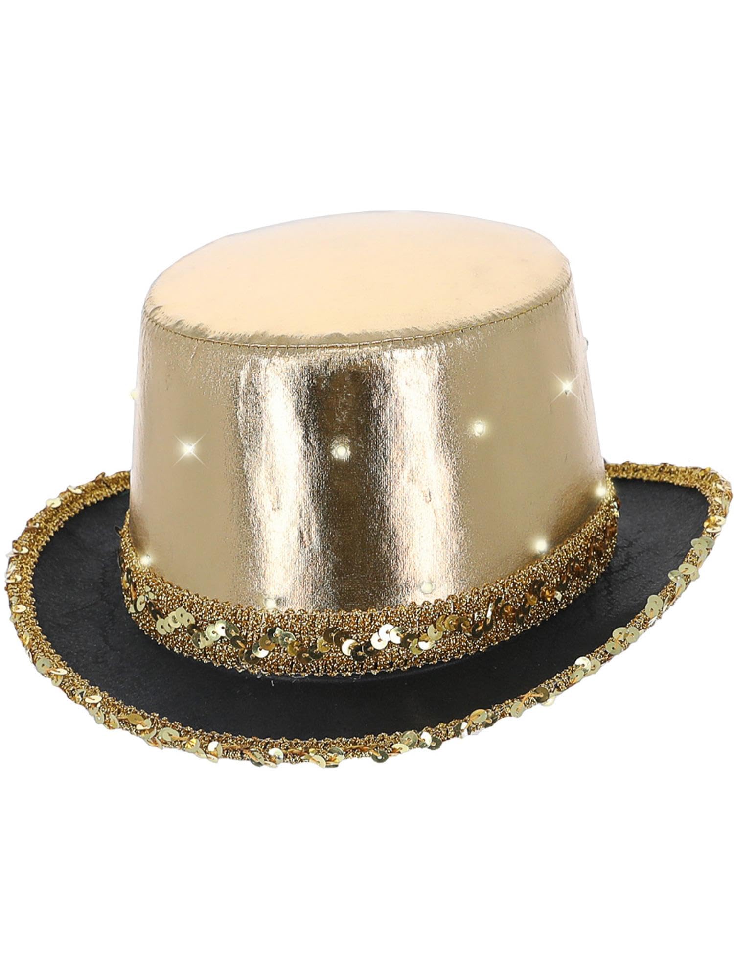 Smiffys LED Light Up Metallic Top Hat, Gold with Elastic Inner Rim, Party & Carnival Fancy Dress, Adult Dress Up Hats