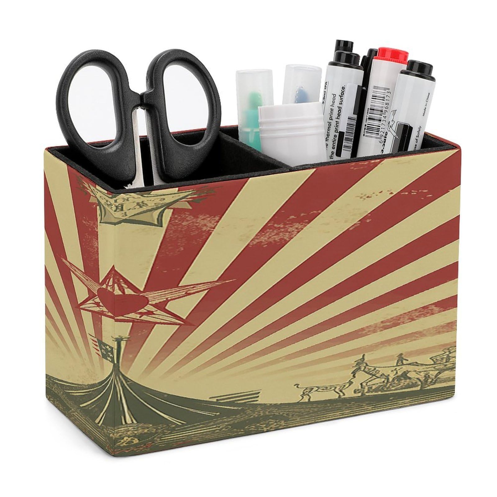 VstaDank Vintage Circus Background Pen Holder Double Compartments Pen Cup Fashion Makeup Brush Holders Leather Pencil Holder for Work Locker Accessories Modern Pencil Cup for Desk Organizer