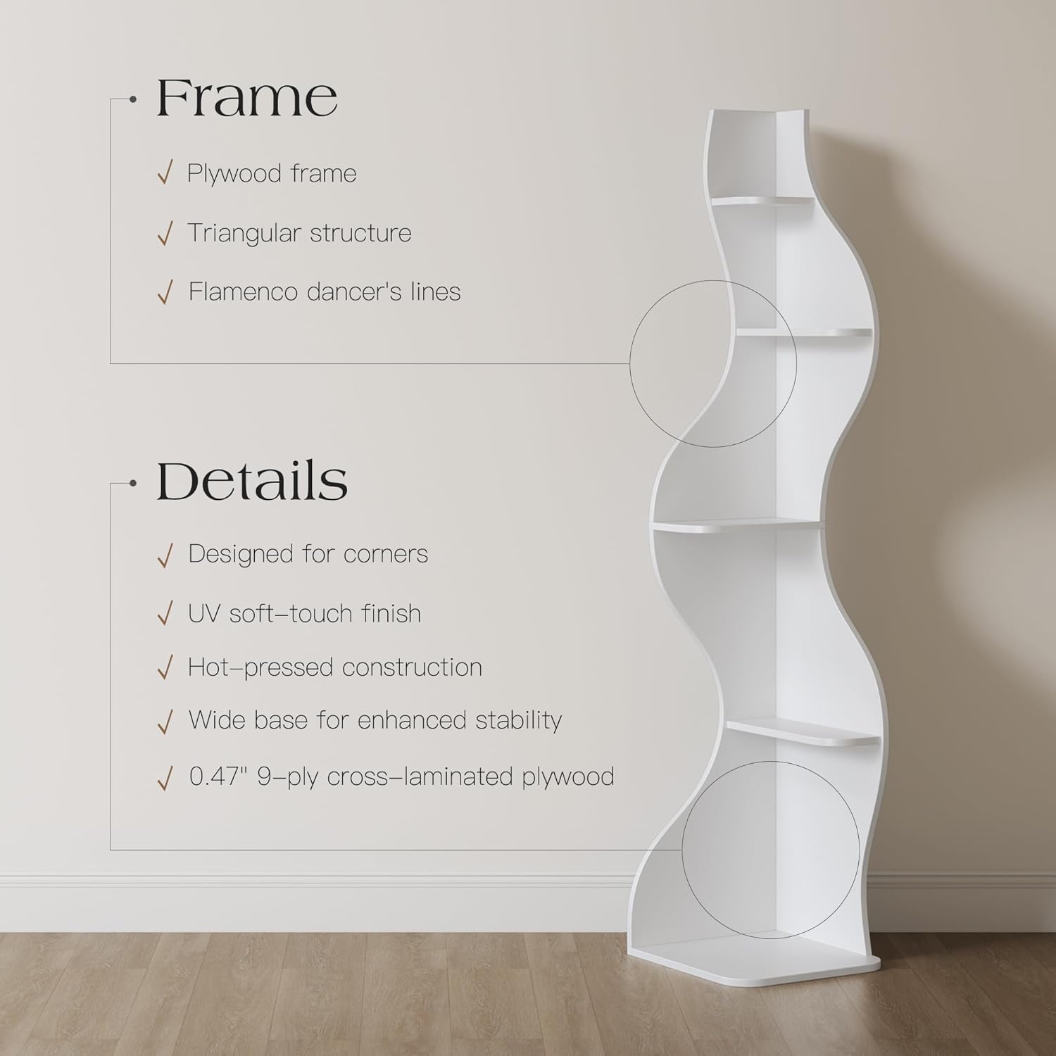 YOWOS 5 Tier Extra Narrow Corner Shelf for Small Spaces, Wave Corner Display Stand for Plants, Decorations and Small Items, Assorted Colors and Sizes (White)