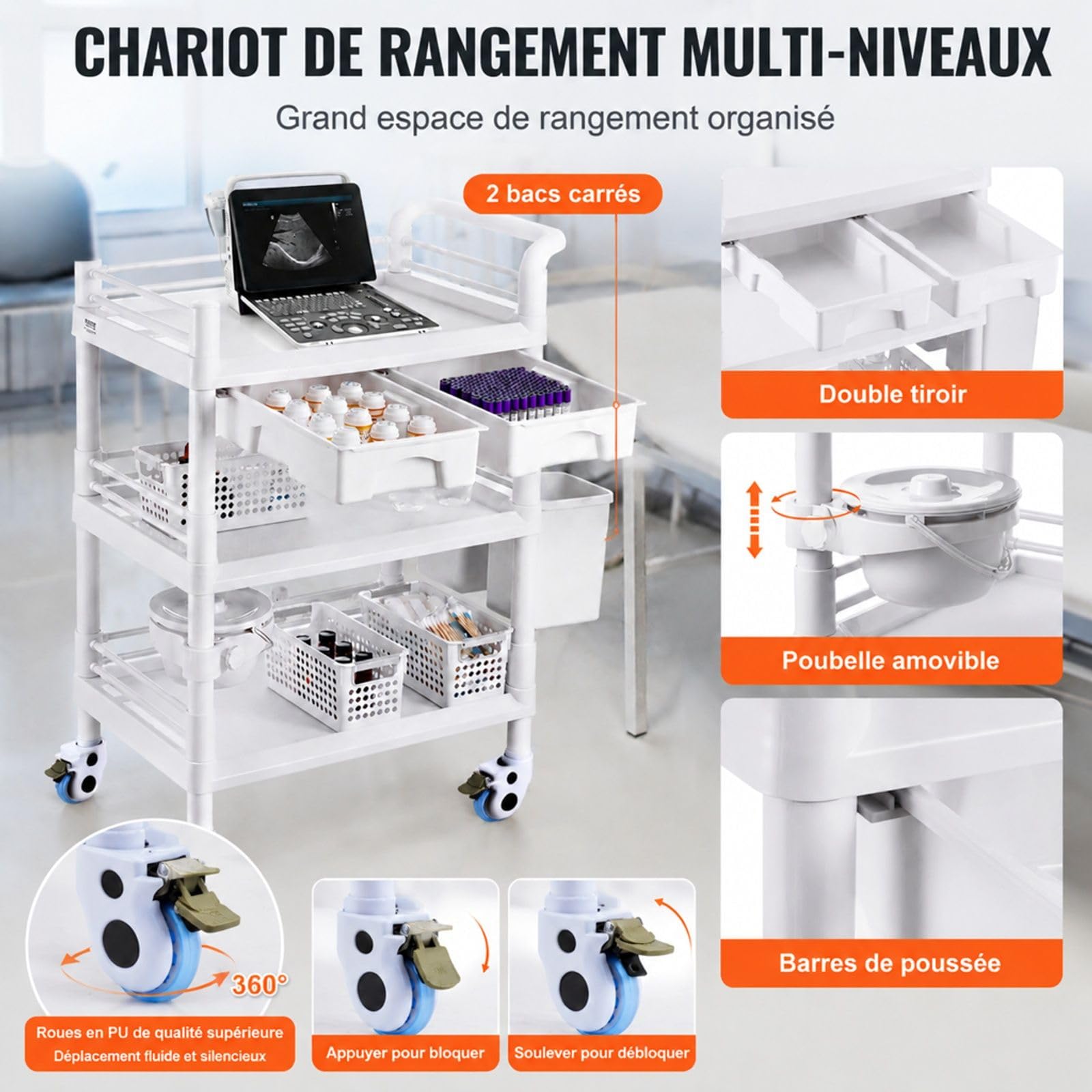 Chariot de Laboratoire Blanc à 3 Niveaux avec 3 poubelles pour Rangement et Transport