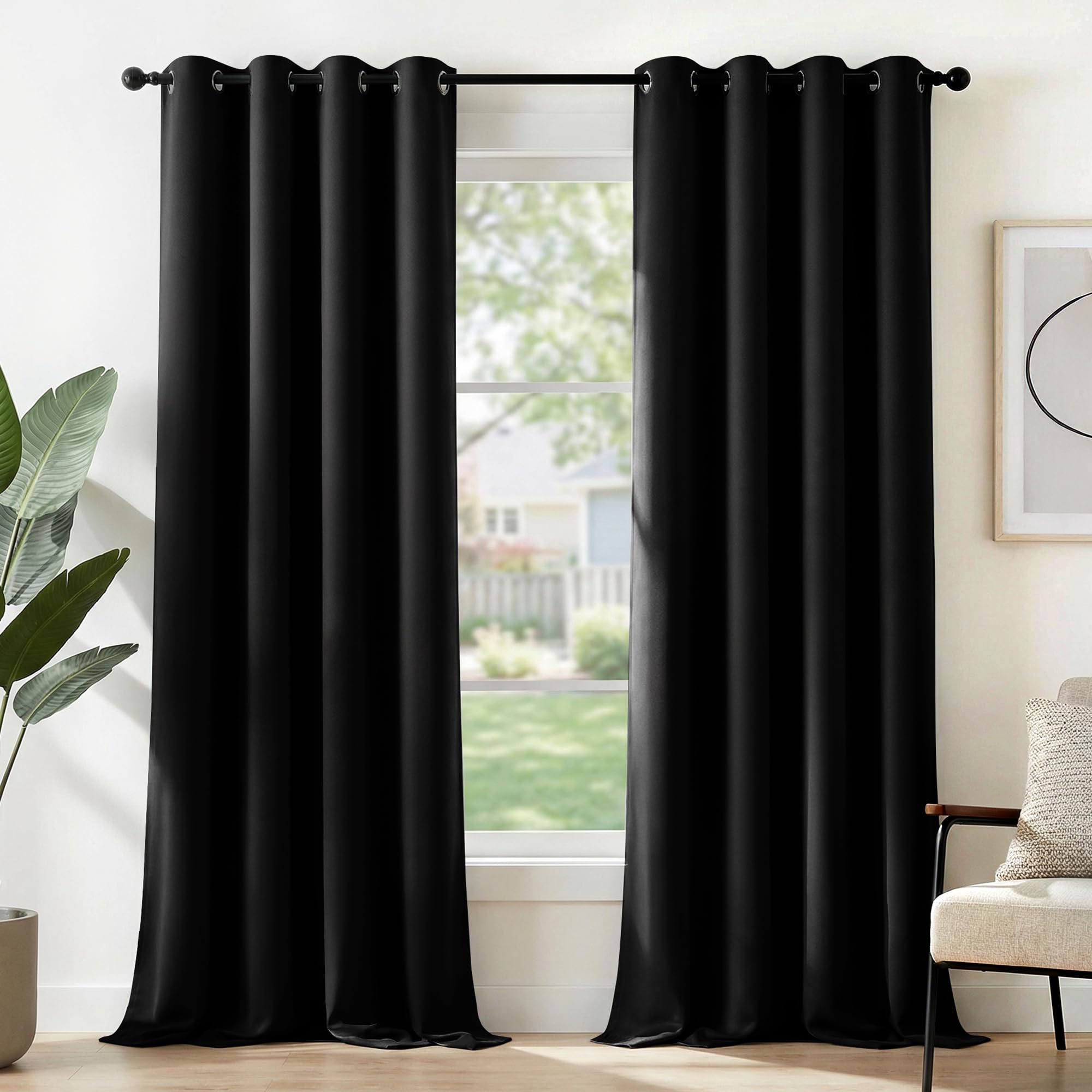 Deconovo Black Opaque Out Eyelet Curtains, 290 X 140 Cm, Set Of 2