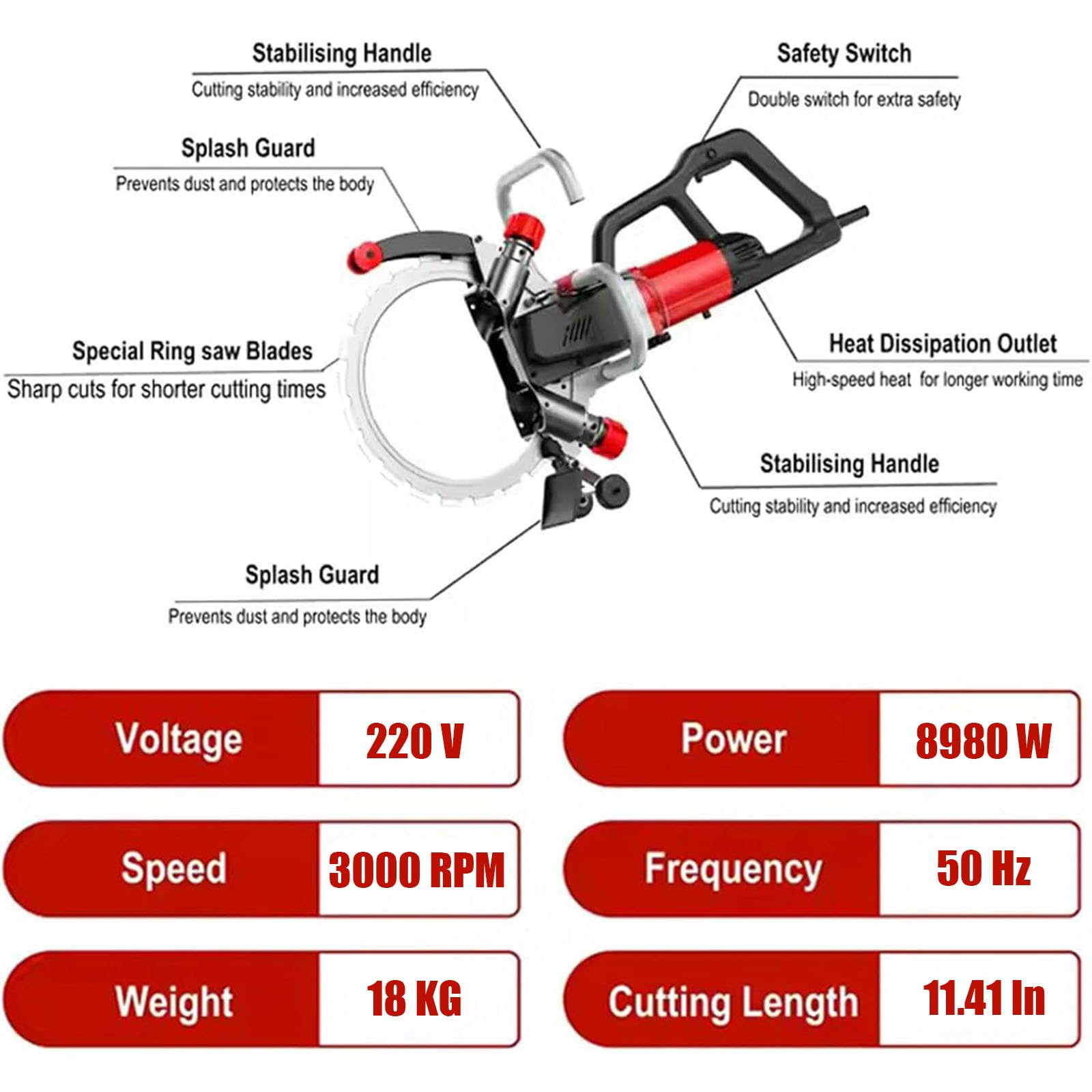 Máquina de corte de pared eléctrica de alta potencia de 8980 W, 110 V/220 V, 29 cm de profundidad de corte, 3000 RPM de ranura cepillada para ranurado y corte de pared de hormigón