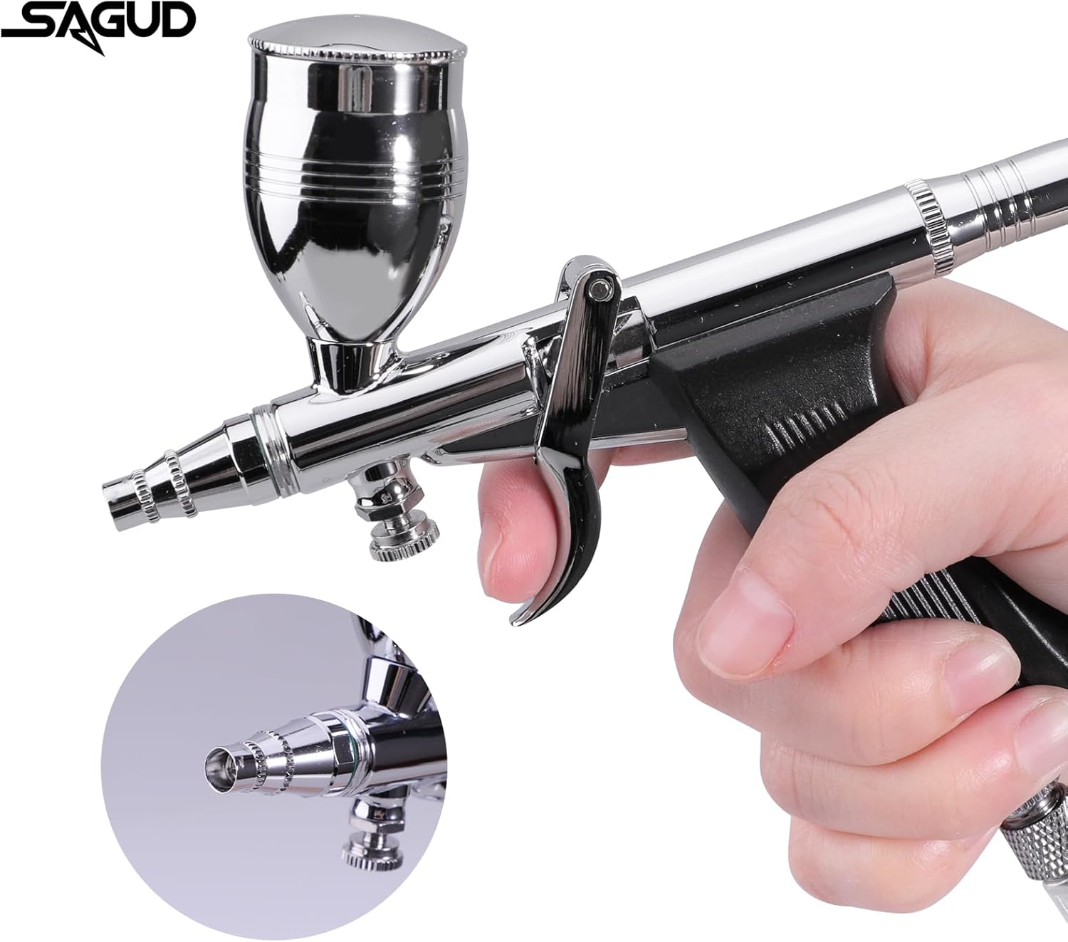 SAGUD Airbrush Gun Set Single Action Air Brush Pen 0.3mm with Extra 0.5 0.8 mm Needles,Airbrush Hose and 2CC/5CC/13CC Cup Kit