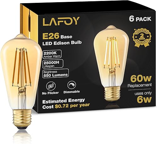 Miniatura 12 de Lafoy - Bombillas LED Edison de 60 vatios regulables, bombilla vintage E26 de luz blanca suave 2700K, bombillas de 60 vatios equivalentes estilo