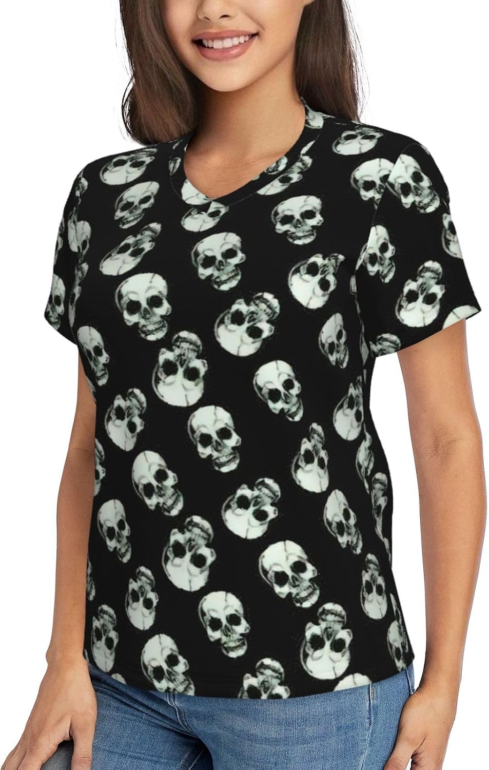 Women Casual Black Skull Print V-Neck T-Shirt Short Sleeve Summer Trendy Tops.