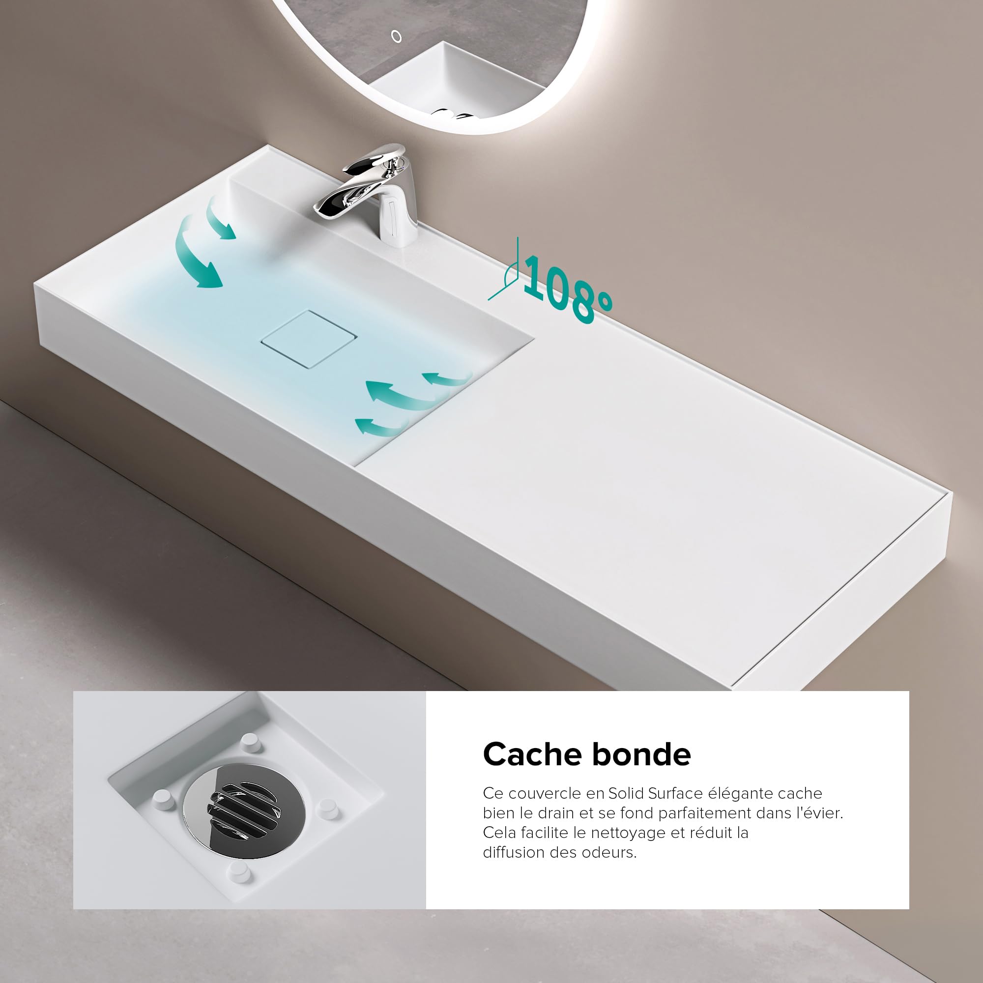 doporro Lavabo Suspendu avec Bonde Vasque à Poser Blanc Mat 120x46x12cm Lave Mains Rectangulaire avec Perçage de Robinet Colossum630