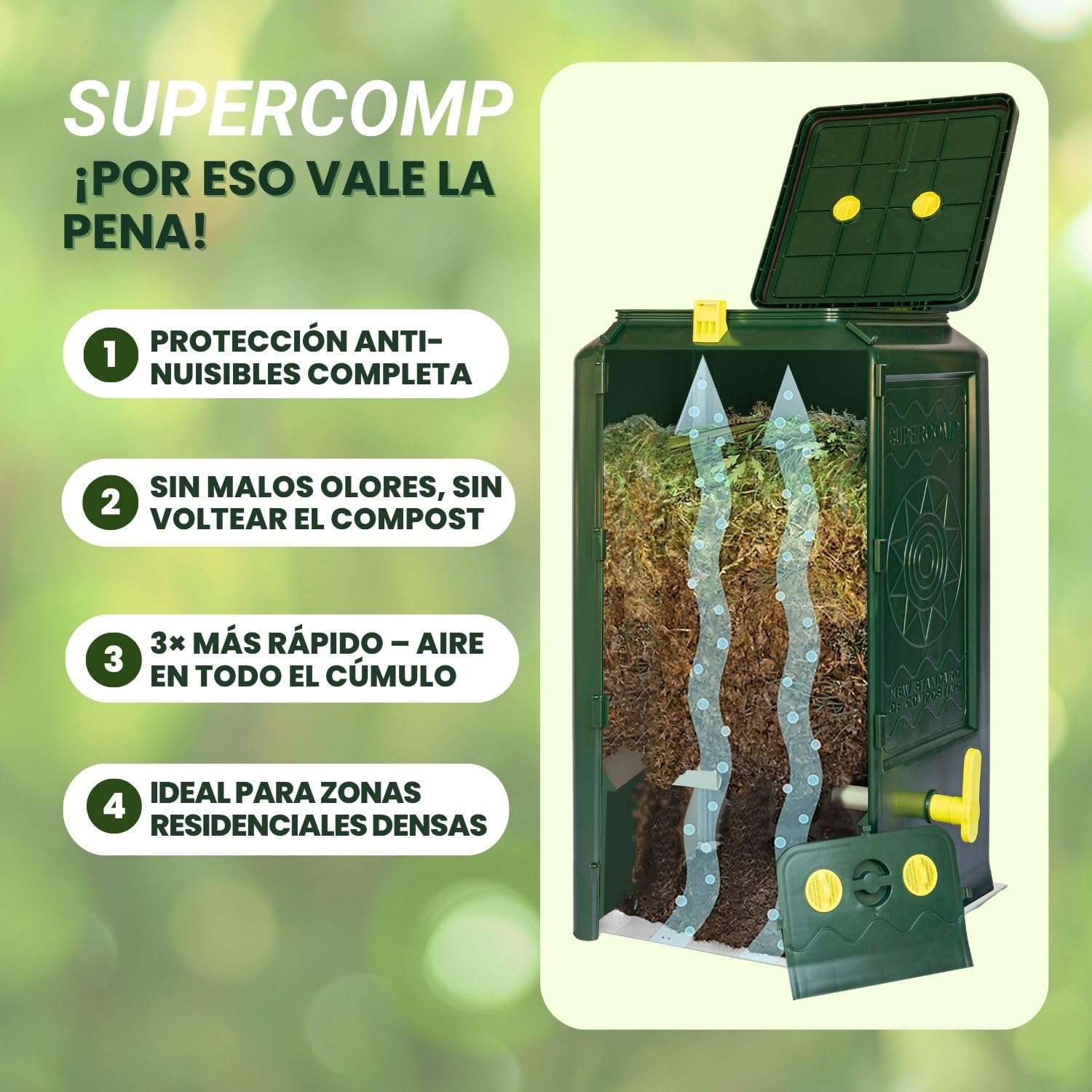 Compostador de Jardín 350L – Protección Total Anti Ratas, Compostaje Sin Malos Olores, Aeración Vertical, Compost Rápido, con Base