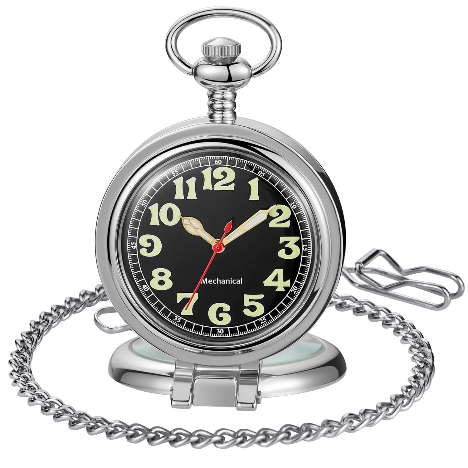 Stainless Steel Single Open Men's Mechanical Pocket Watch, Roman Digital Dial Mechanical Pocket Watch for Men