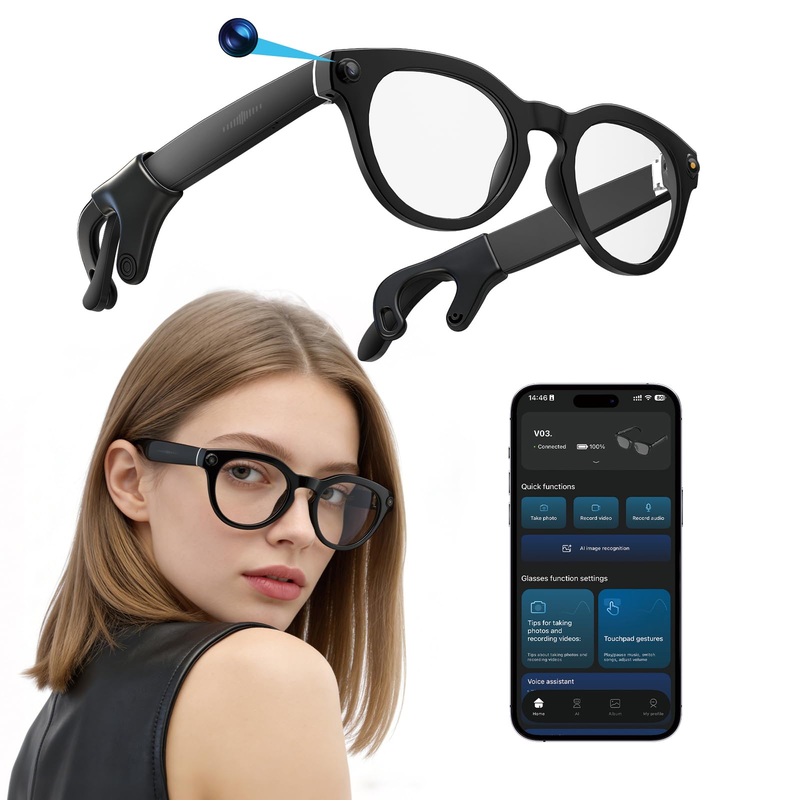 JJxpuk AI Smart Glasses with Camera 8MP 1080P HD Video Recording Lightweight Open-Ear Bluetooth Audio AI Assistant Real-Time