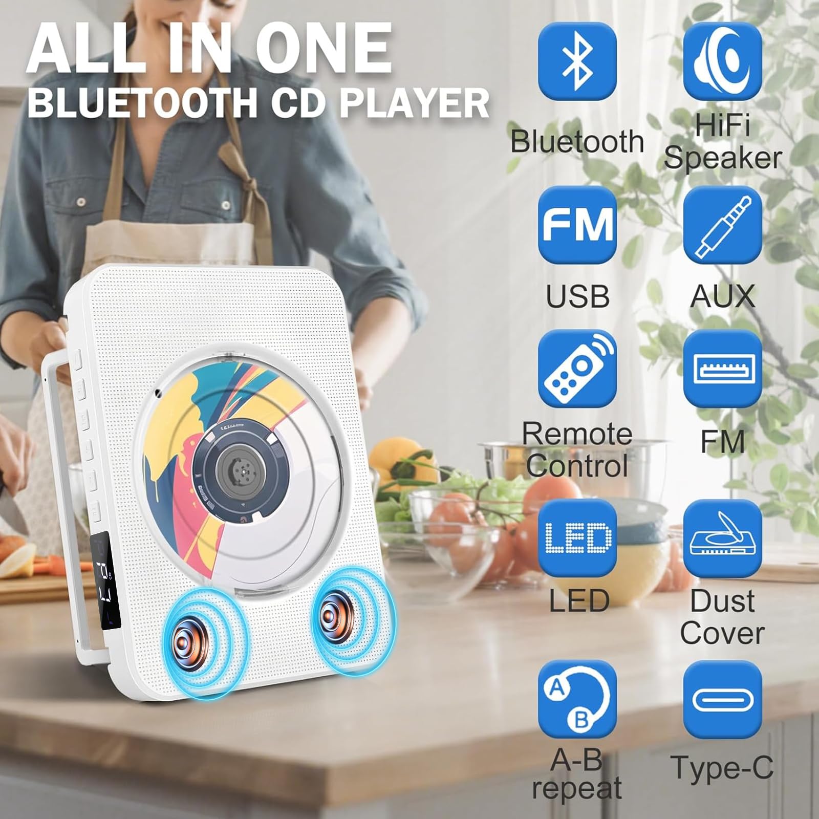 Lettore CD Portatile Bluetooth, lettore CD HIFI Stereo con supporto da tavolo, lettore musicali con telecomando con doppi altoparlanti HIFI integrati, porta USB, presa per cuffie AUX da 3,5 mm