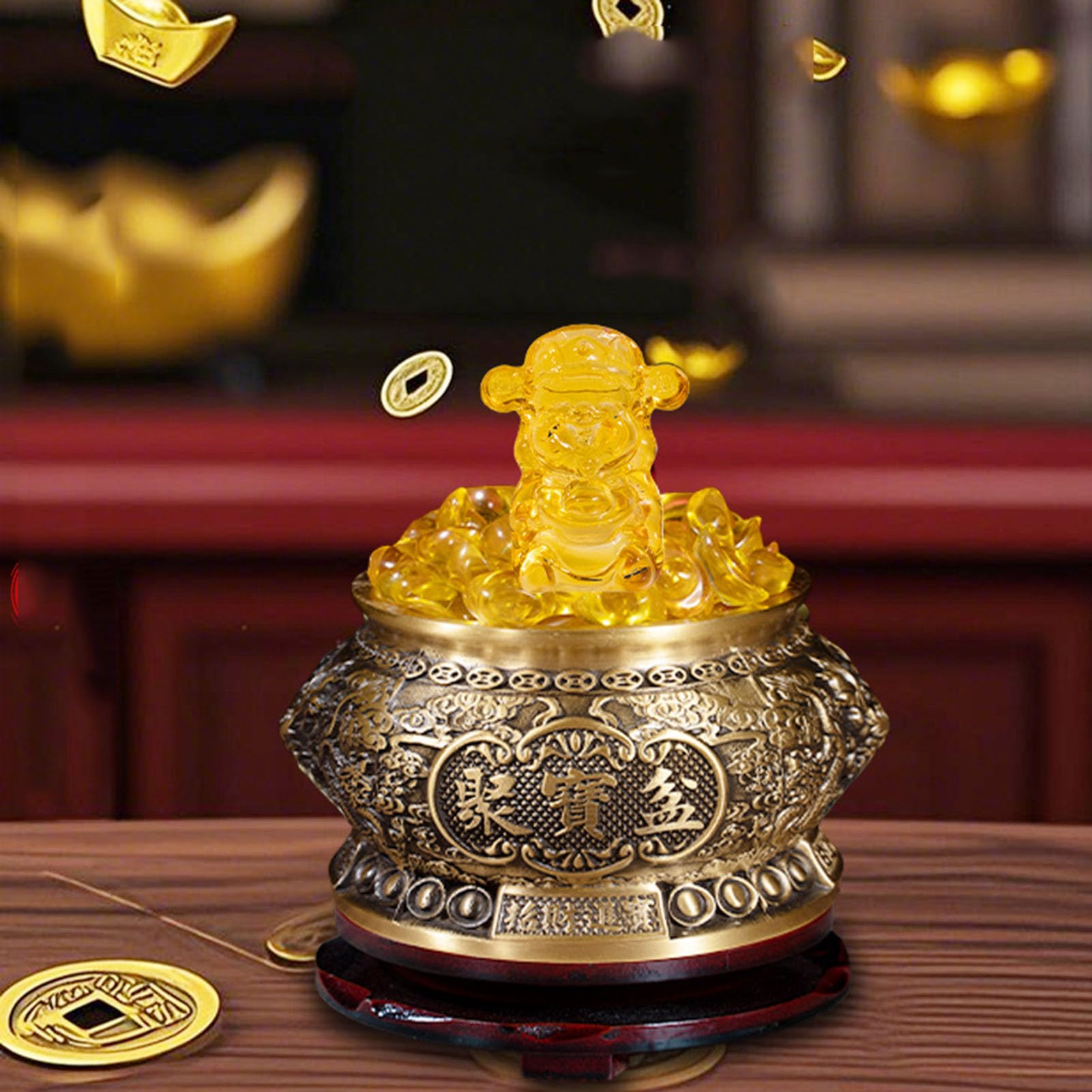 Miska na skarby Feng Shui z pokrywką i sztabką cytrynu - mosiężny symbol bogactwa ze złotym kryształem do dekoracji biurka w domu,18CM