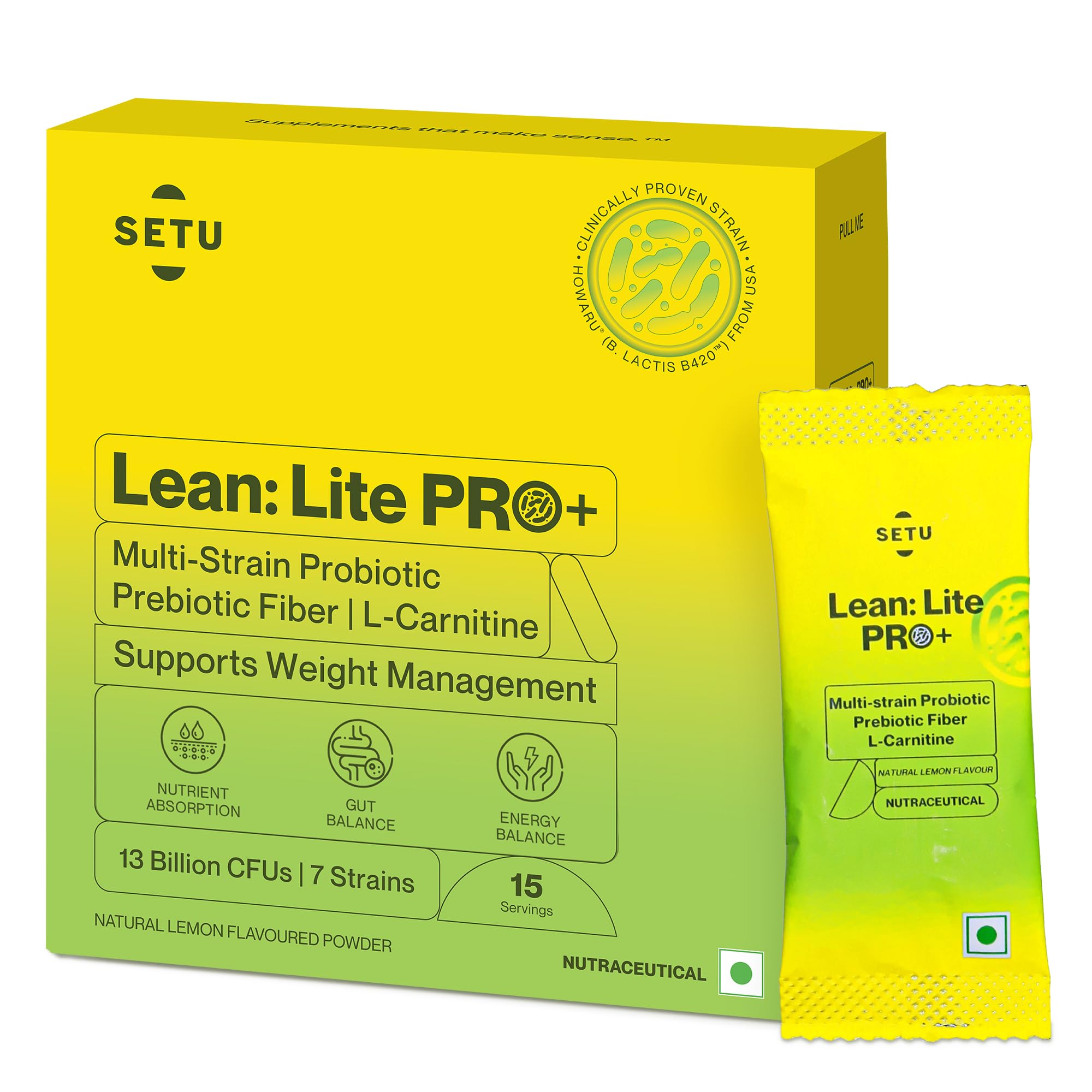 Setu Lean Lite Pro+ Gut Health Powder | SuperGut Powder with Probiotics + L-Carnitine | Prebiotic & Probiotic Supplement | Helps Convert Fat into Energy | Boosts Metabolism & Digestion (15 Sachets)