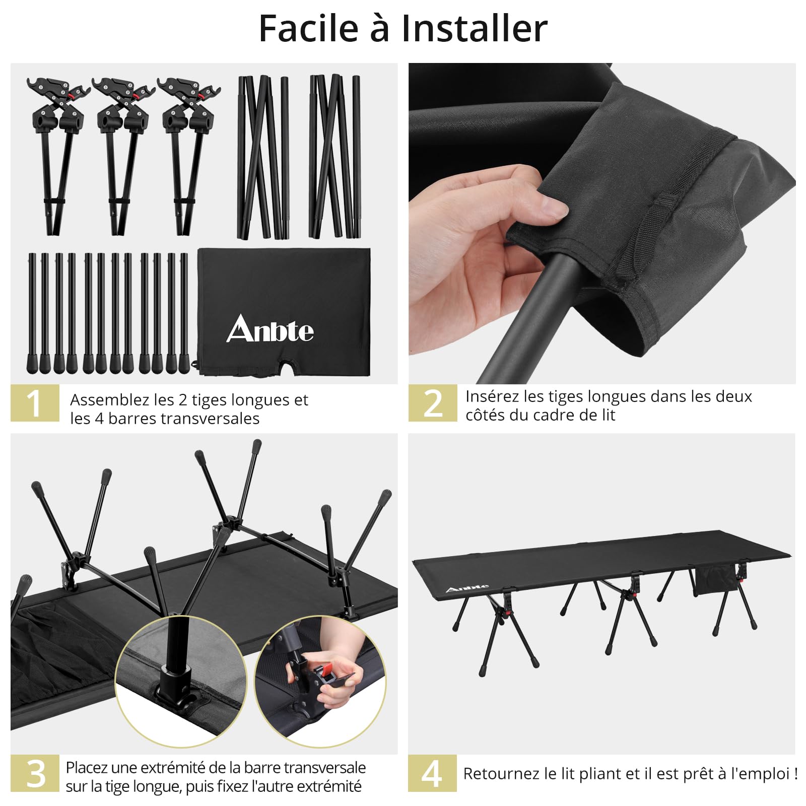 Anbte Lit de Camping Pliable Charge 180 kg 191×70×20 cm, Noir | Tissu 300D Oxford Résistant, Montage Facile, Aluminium 7075 Ultra-léger, Portable avec Sac, pour Camping, Plage, Jardin