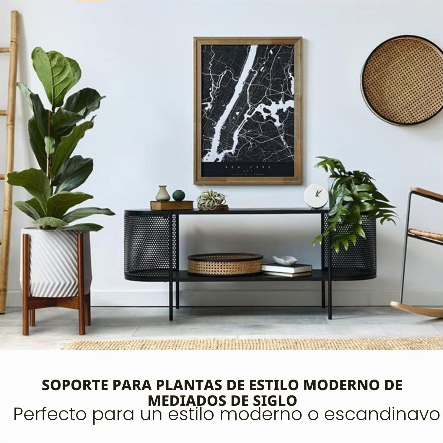 Fox & Fern - Soporte moderno para plantas con estilo de mediados de siglo (macetero blanco de cerámica no incluido)