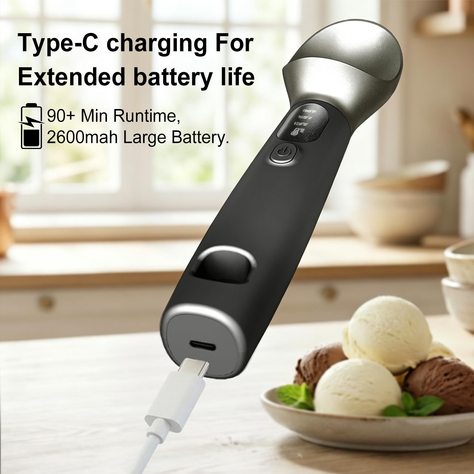 Cuillère à Crème Glacée Chauffante avec 3 Niveaux de Chaleur Réglables–120/140/160°F,Rechargeable Affichage LED,pour Crème Glacée Dure et Plus Encore(Noir)