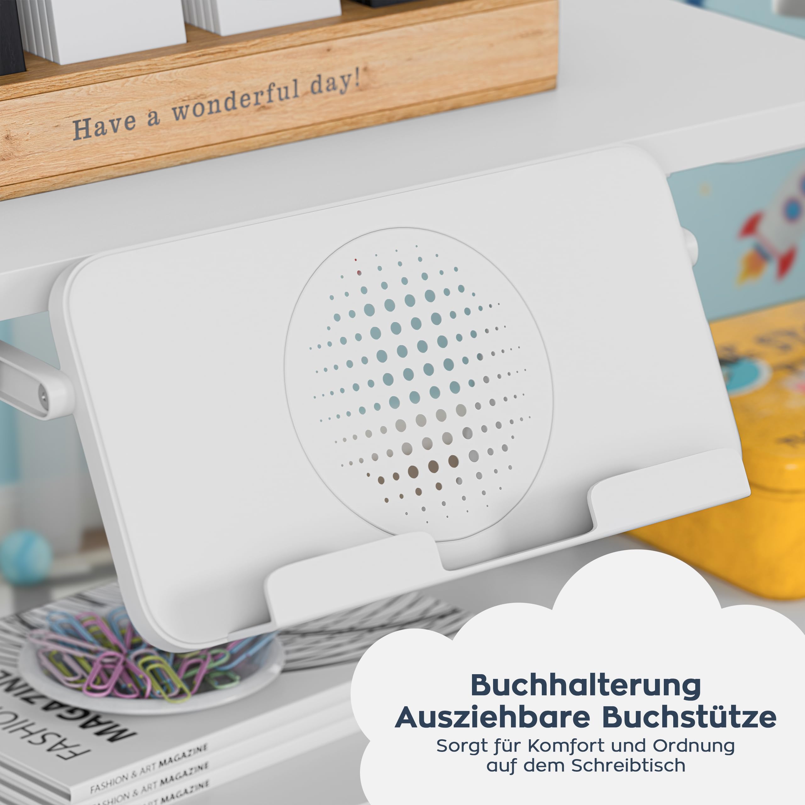 MARK ADLER Study 3.7 – Kinderschreibtisch ab 6 Jahre – Schreibtisch höhenverstellbar Kinder 55–75 cm – 90x60 cm – Belastbarkeit bis 75kg – Neigbare Tischplatte 40° – Mit Buchstütze und Ablage – Grau