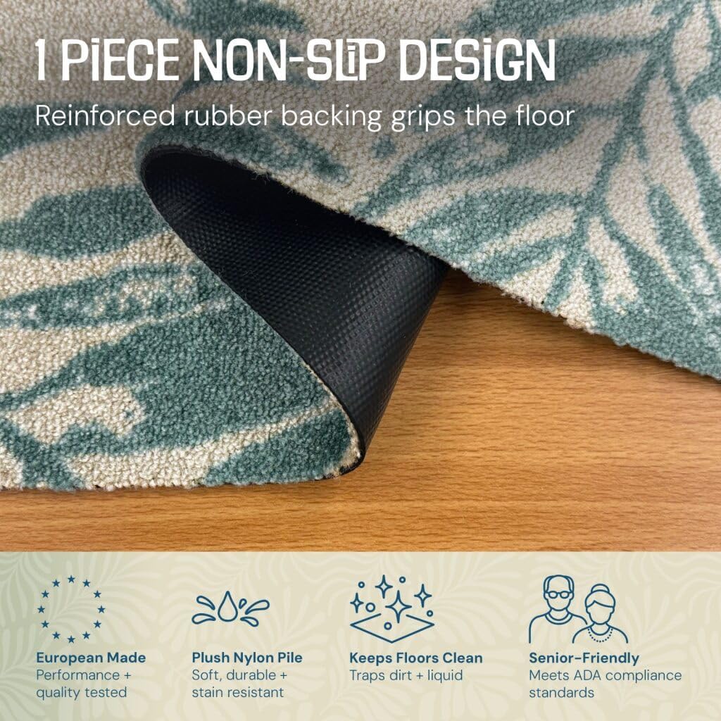 Wash + Dry Sage Green Palm Leaf One-Piece Washable Rug with Rubber Backing, Small Door Mat for Entryway, Kitchen, Bathroom, Non-Slip Indoor Doormat, Pet Friendly, Tan and Green, 20" x 27.5"