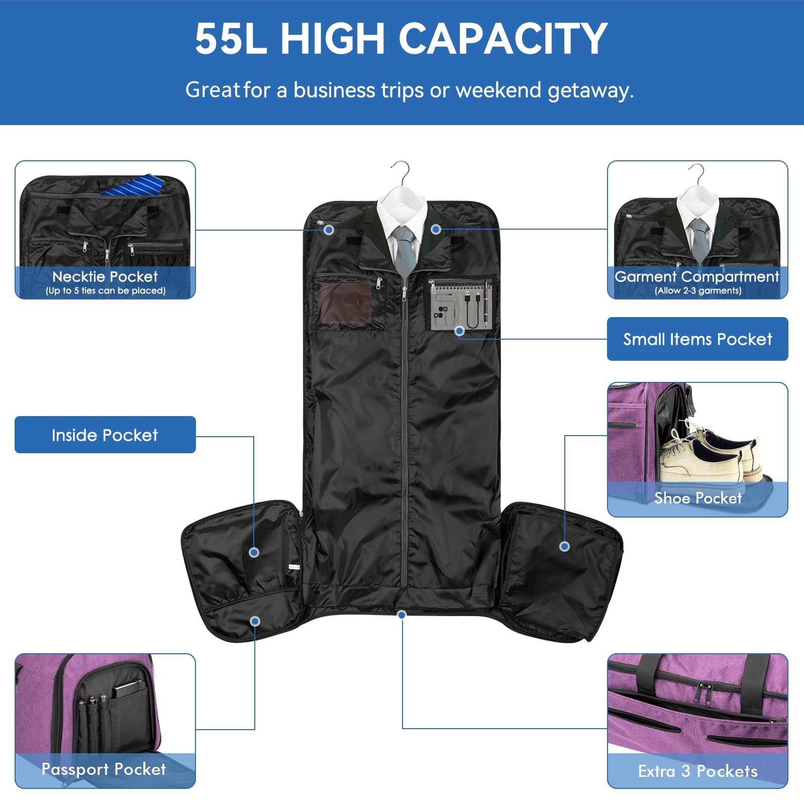 Bukere - Business Travel Kleidung Tragetasche, wandelbare Reisetasche mit Schuhfach, wasserabweisend, 2-in-1 Wochenend-Anzugtasche für Herren u