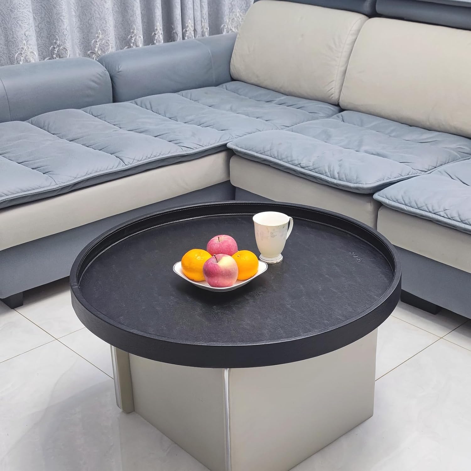 30 x 30 High-End Light Luxury Leather Round Oversized Tray - Ottoman Coffee Food Serving for Family Dinner, Outdoor Picnic & Party Essentials | Versatile Home Decor Tray(30 inch Black) - Image 2