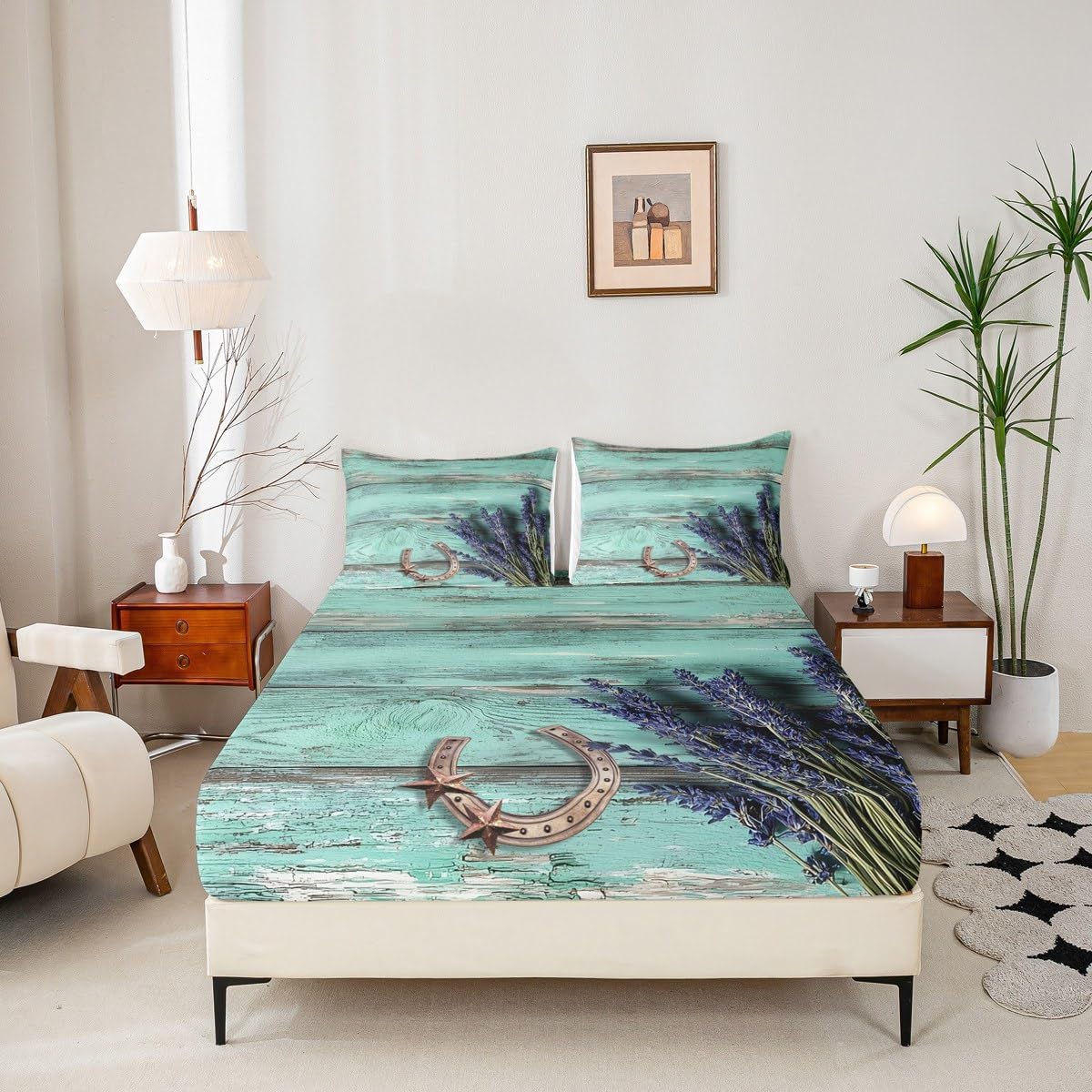 Western Sheet Set Farmhouse Texas Stars Horseshoe Bedding Sheets Queen Teal Rustic Wooden Barn Door Lavender Bed Sheets For Cabin Lodge,Cowboy Cowgirls Fitted Sheet + Flat Sheet + 2 Pillow Cases