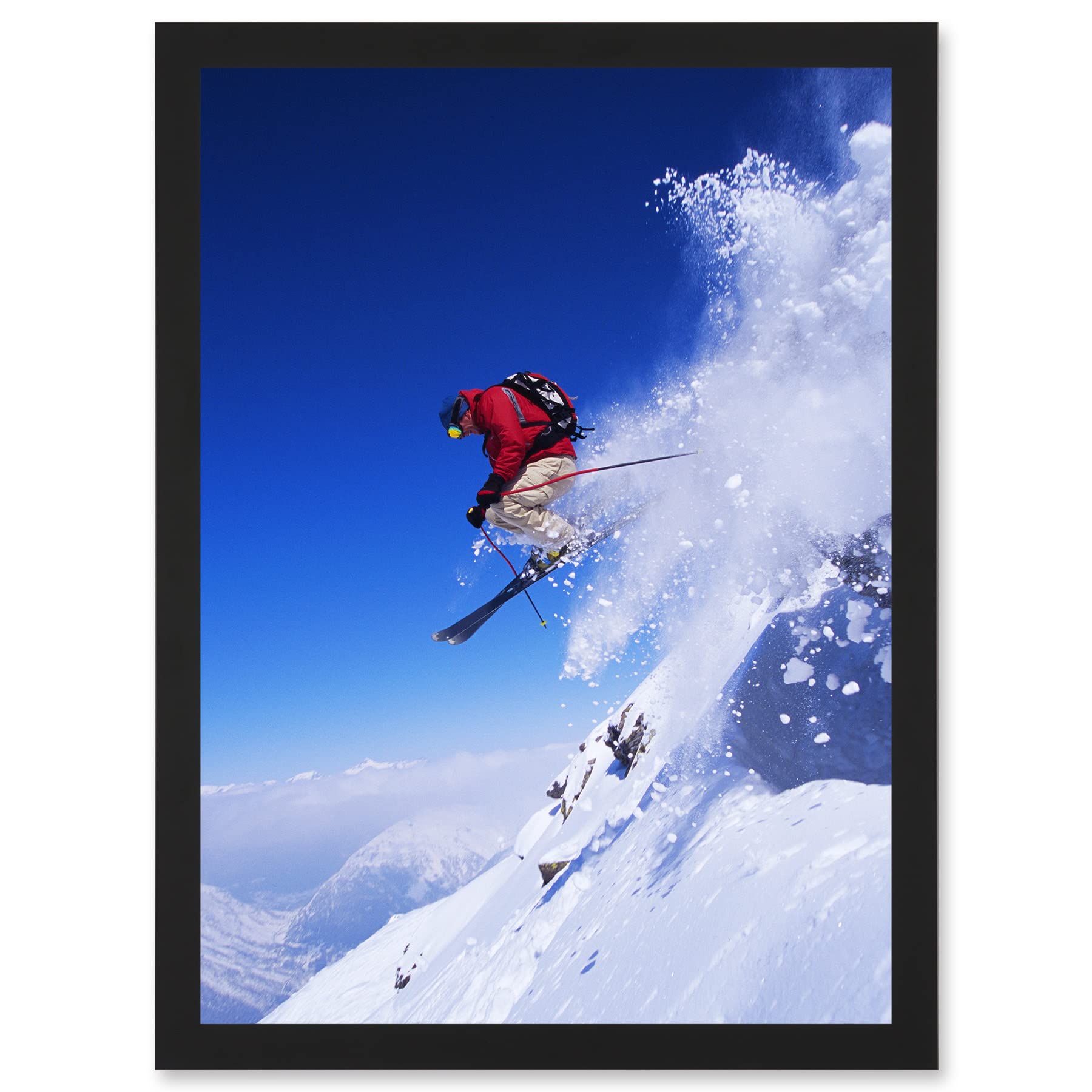 Artery8 Skier Ski Jumping Snow Sport Sky A4 Artwork Framed Wall Art Print