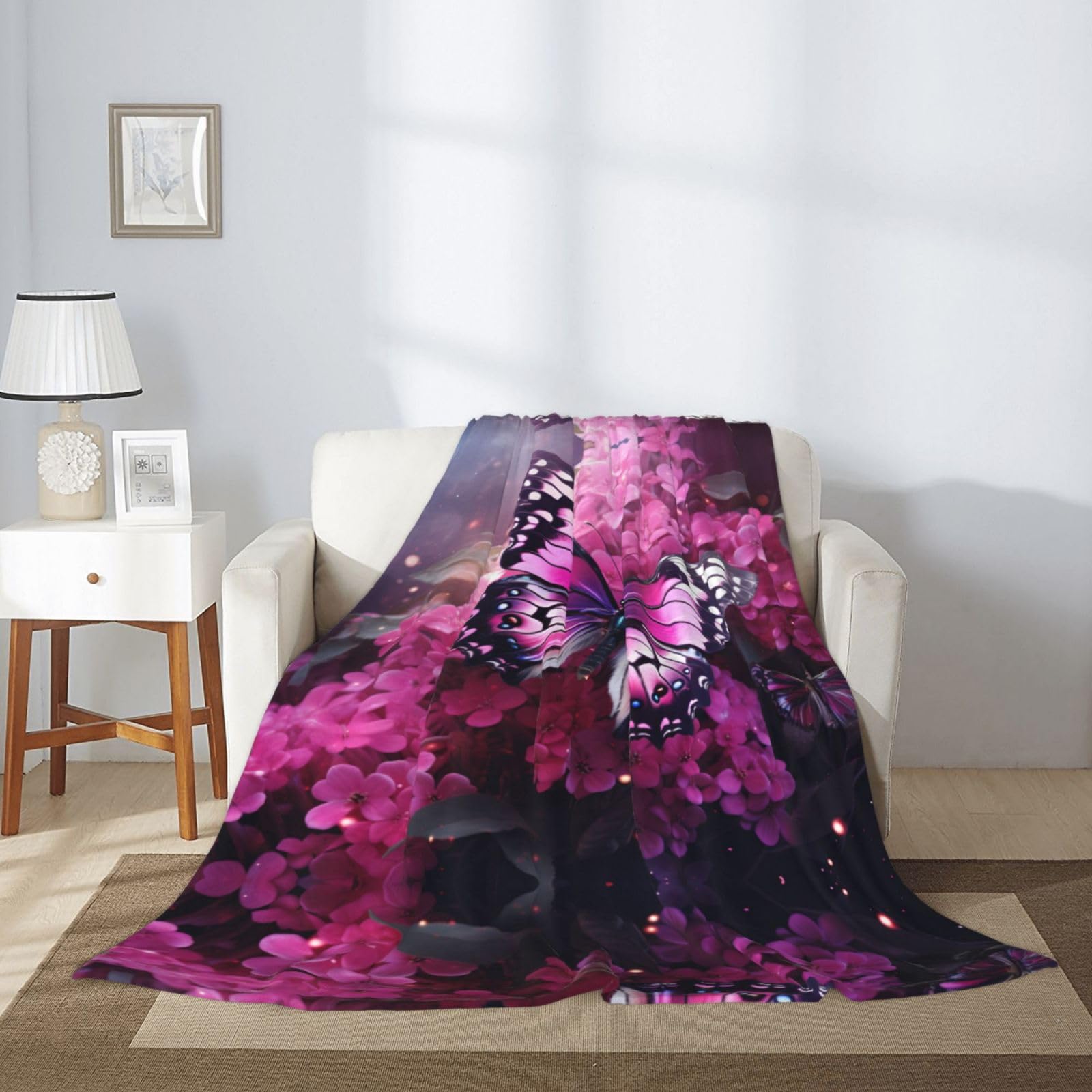 Coperta Divano Termica, Coperta Morbida Singola Flanella Rosa Fiori Foglie E Farfalle 80X120cm Coperta Decorativa Calda
